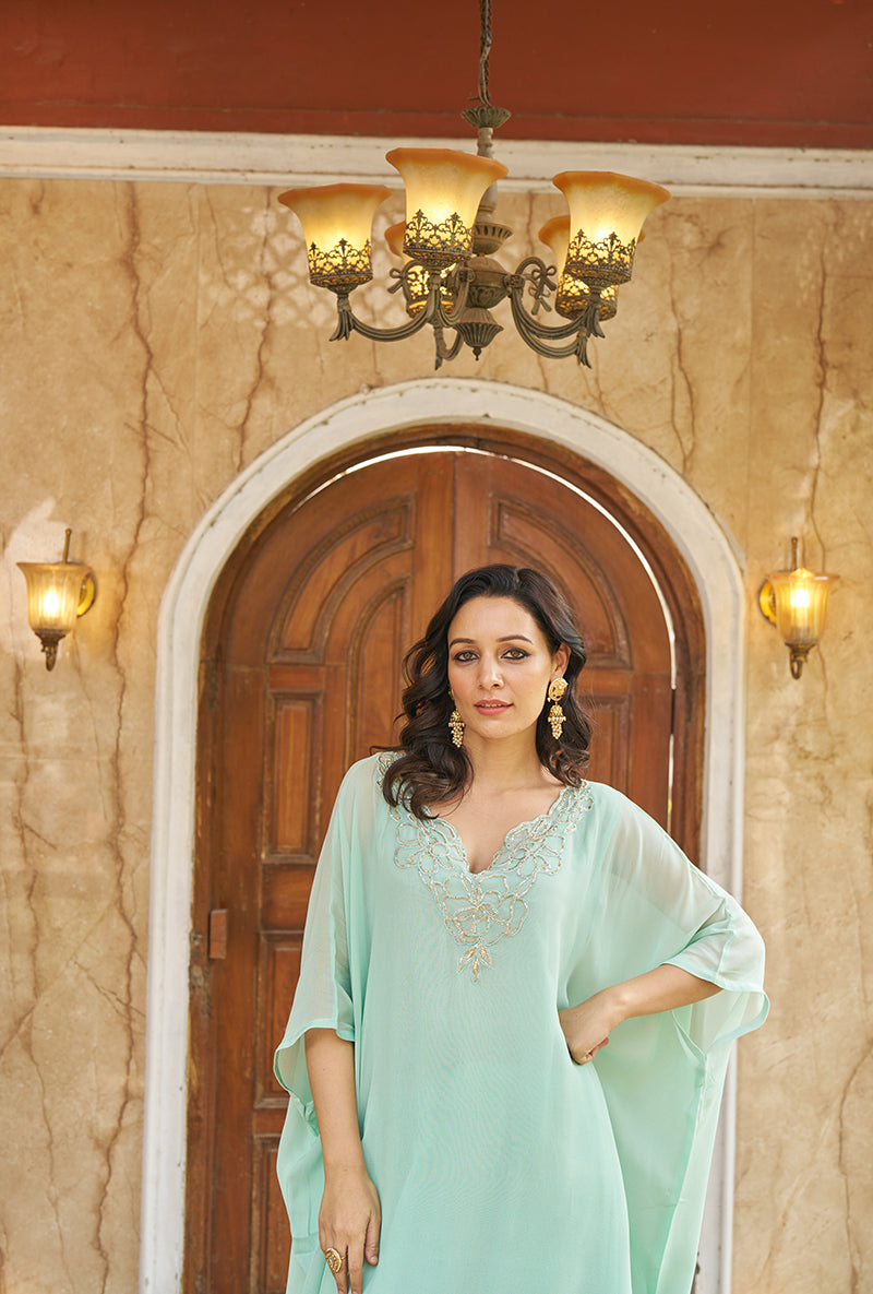 Aqua Zardozi Hand Work Roza Kaftaan Set