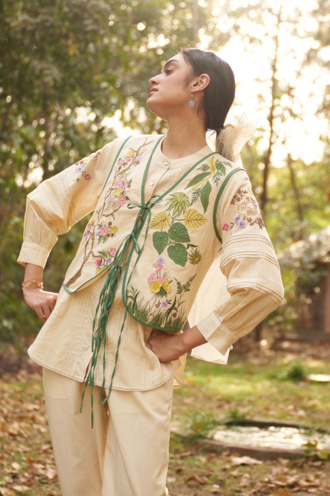 Beige White Gardenia Maple Embroidered Jacket