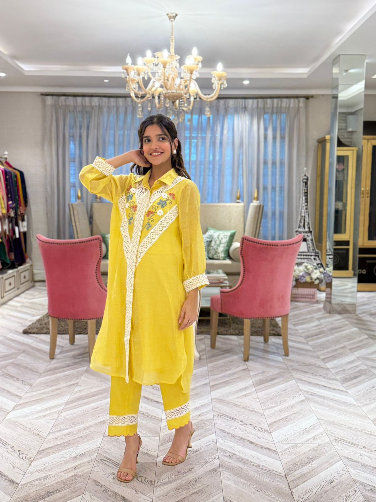 Varsha Rana in Lemon Yellow Collared High Low Kiki Kurta Set