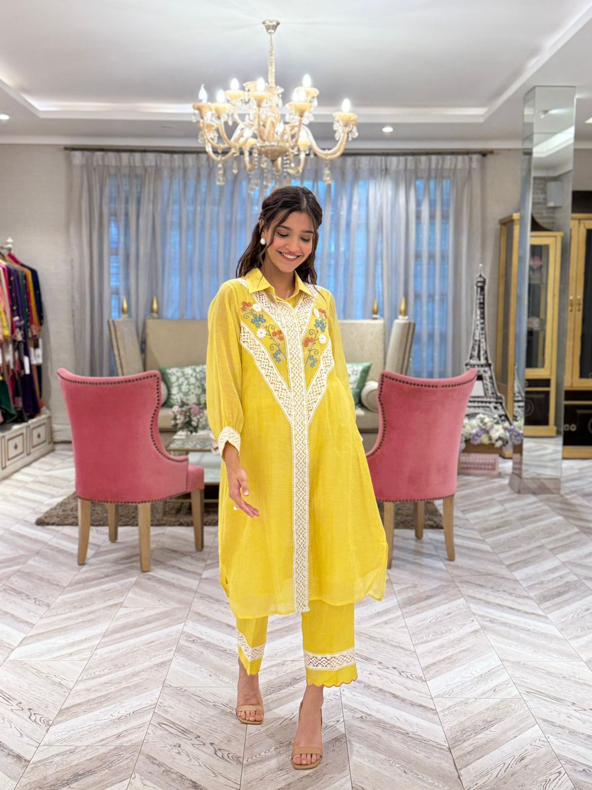 Varsha Rana in Lemon Yellow Collared High Low Kiki Kurta Set