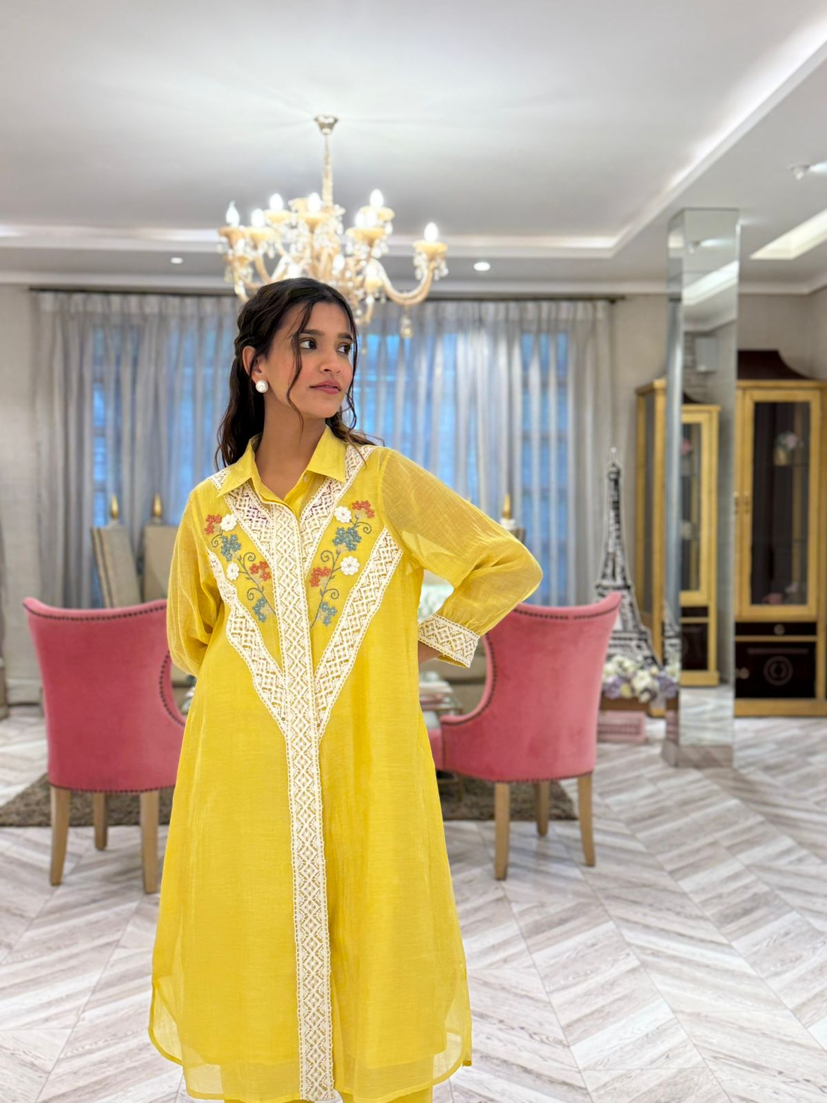 Varsha Rana in Lemon Yellow Collared High Low Kiki Kurta Set