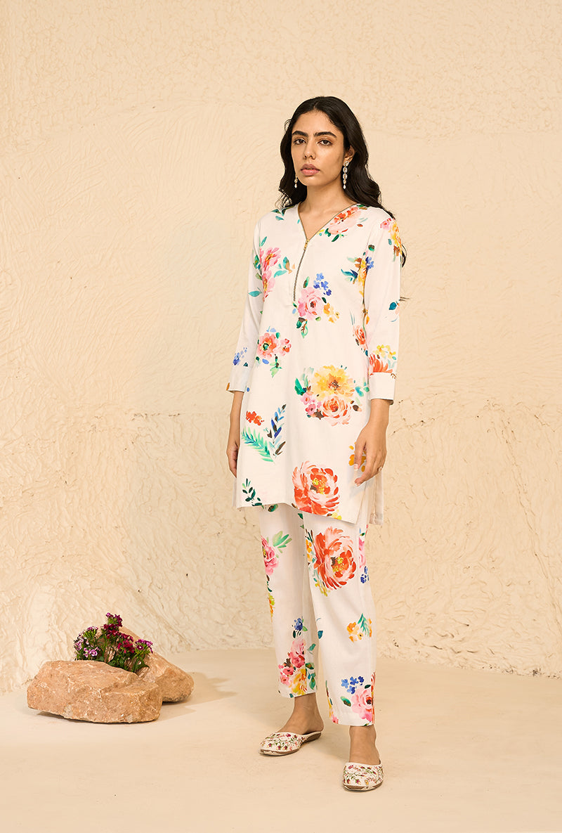 White Floral Print Bliss Short Kurta Set