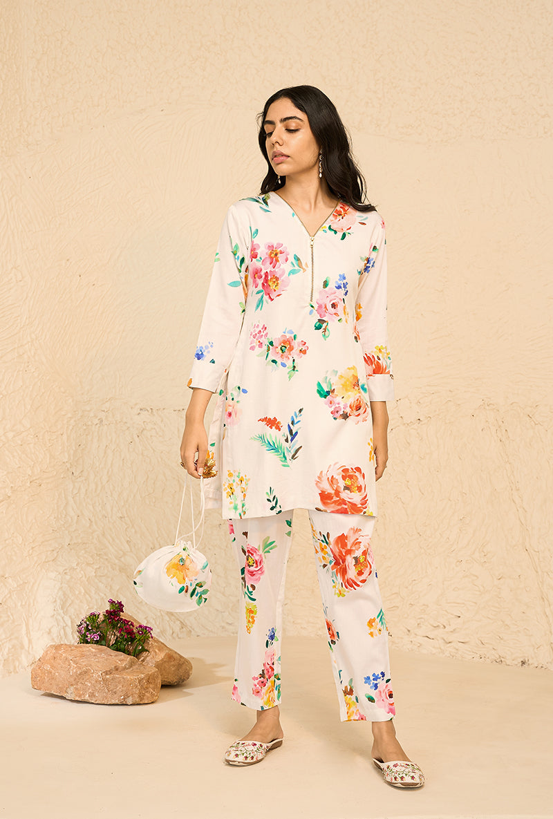 White Floral Print Bliss Short Kurta Set