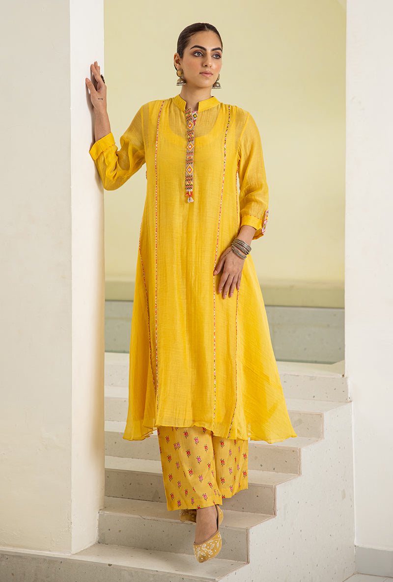 Yellow Collar A-line Reyah Kurta Set