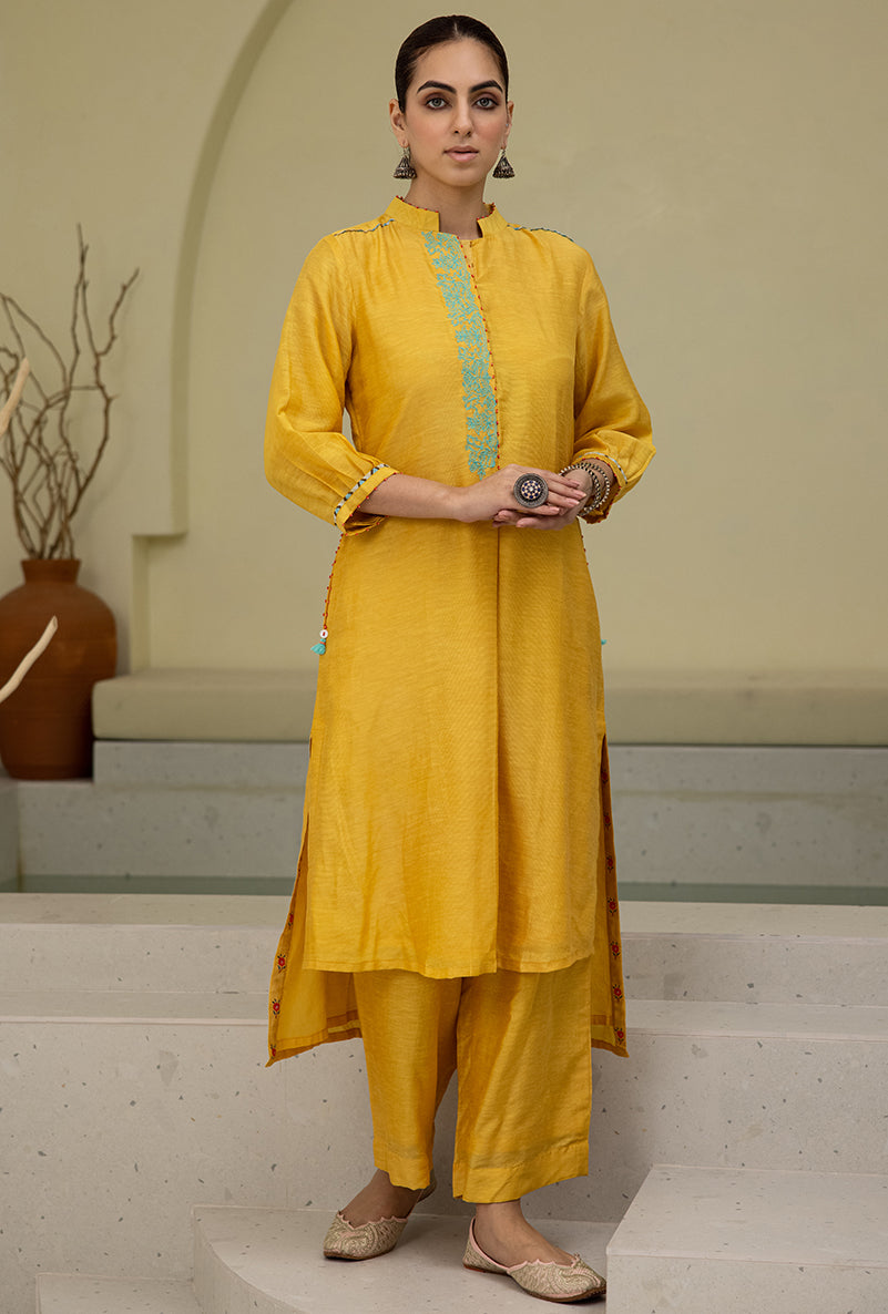 Yellow High Low Collar Reyah Kurta Set