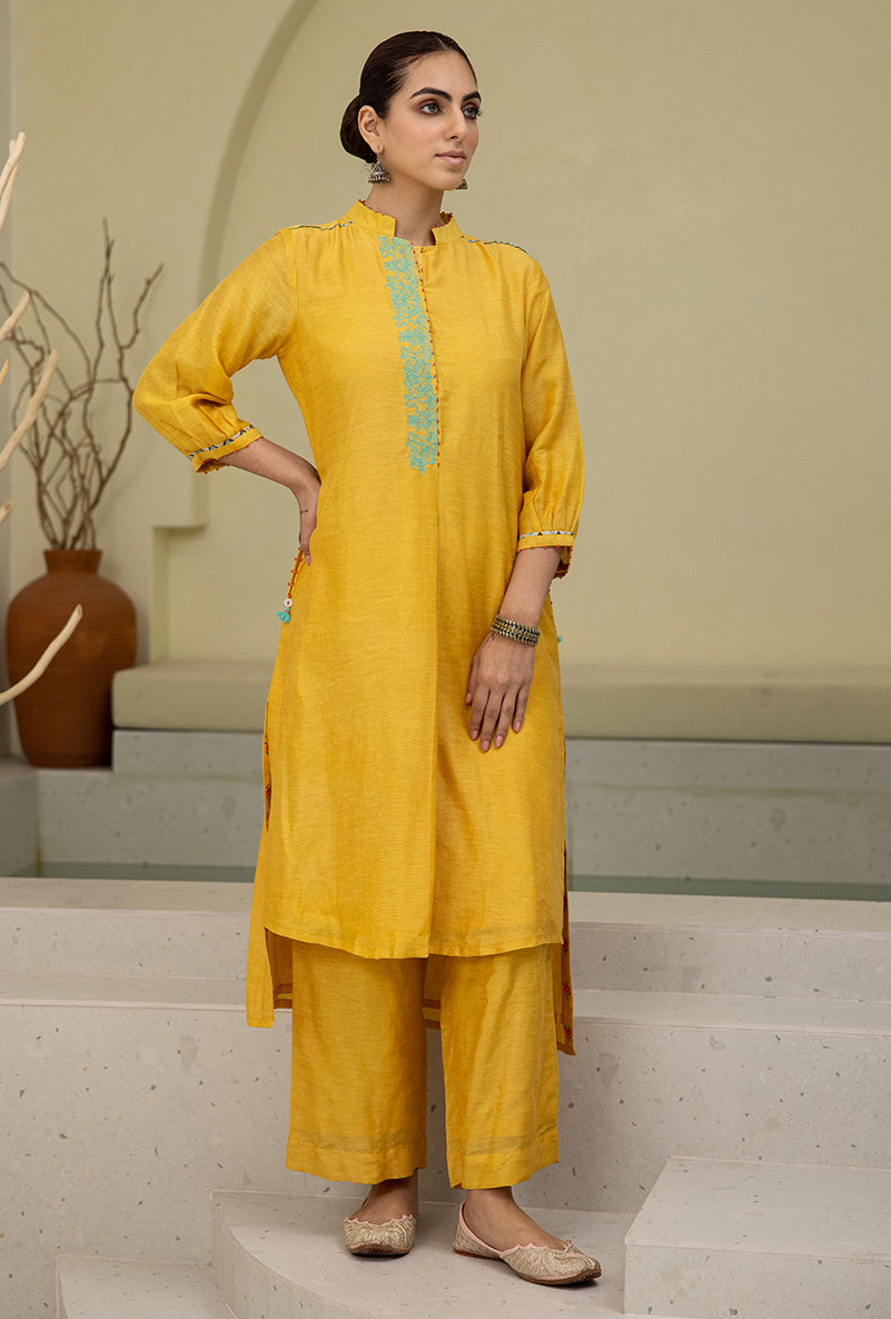 Yellow High Low Collar Reyah Kurta Set