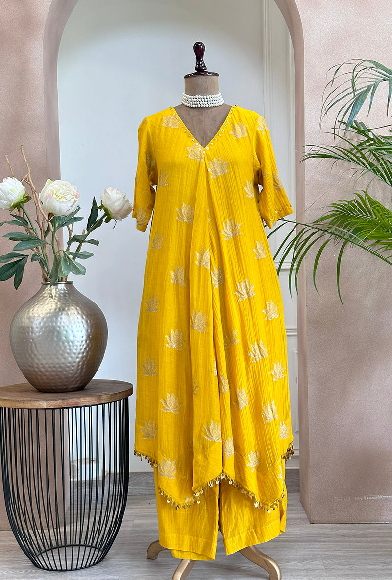 Yellow Lotus Asymmetrical Kurta Set