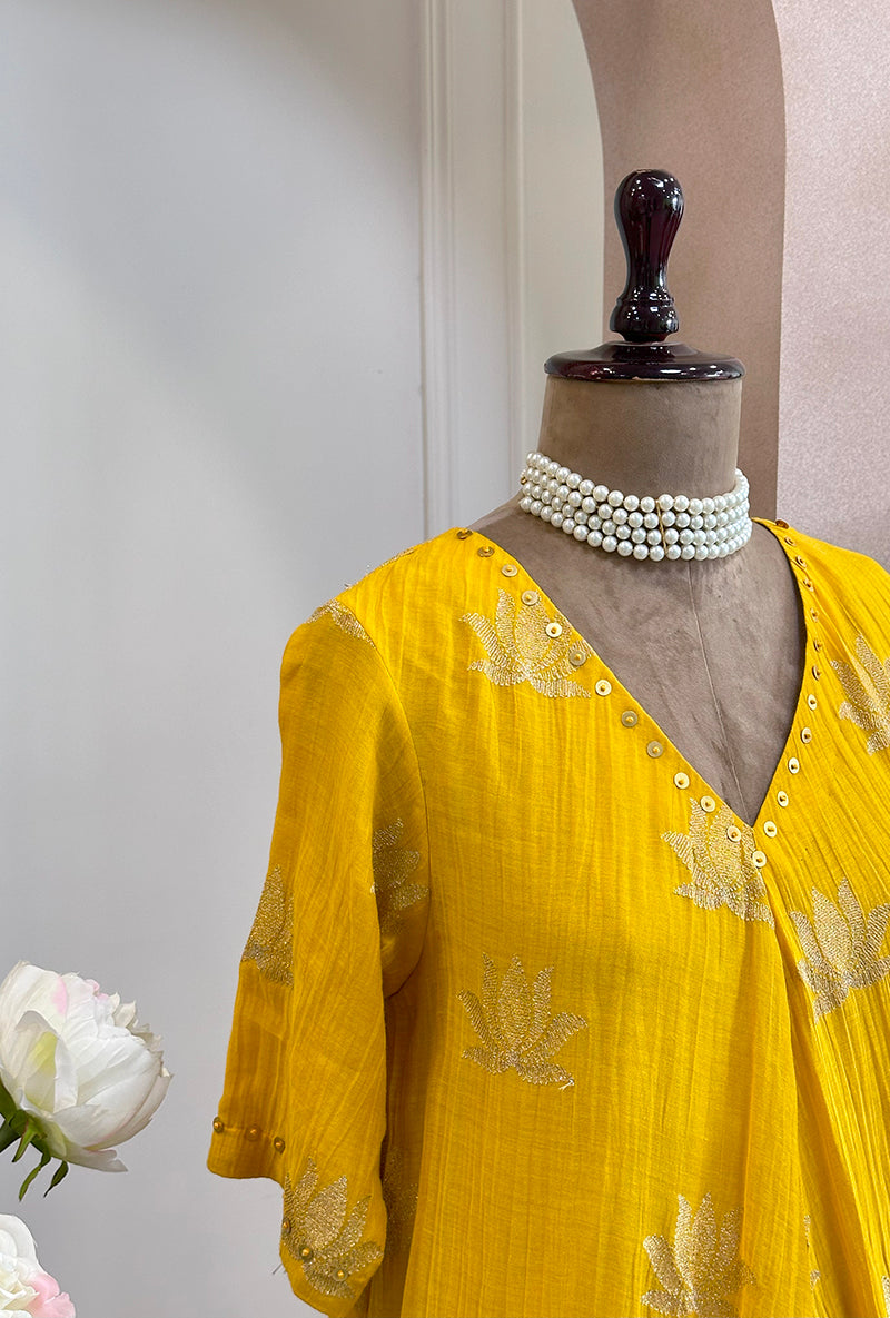 Yellow Lotus Asymmetrical Kurta Set