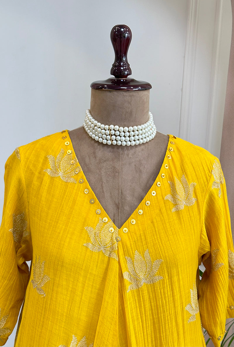 Yellow Lotus Asymmetrical Kurta Set