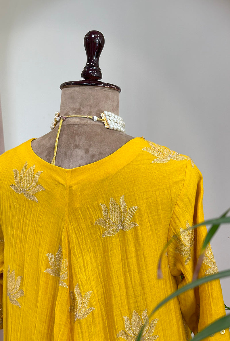 Yellow Lotus Asymmetrical Kurta Set