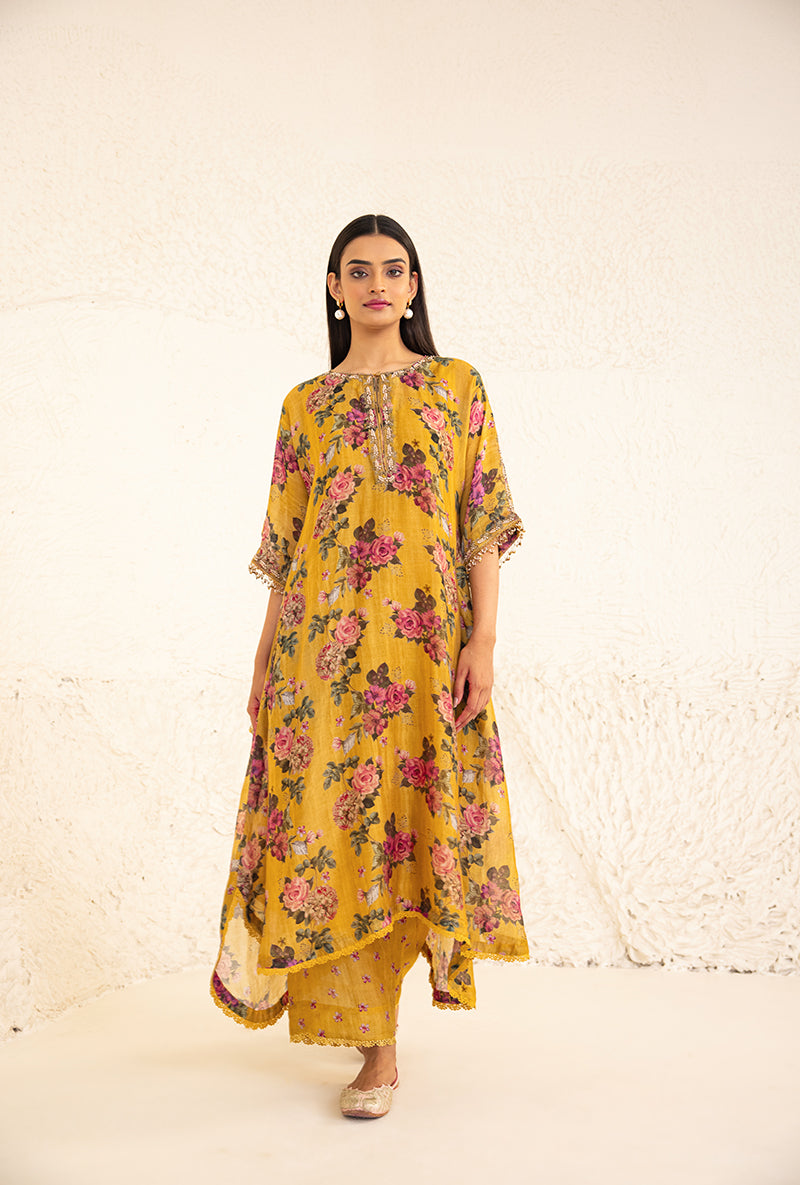 Yellow Vintage Floral Rose Print Izra Kurta Set