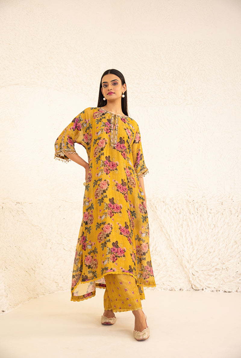 Yellow Vintage Floral Rose Print Izra Kurta Set