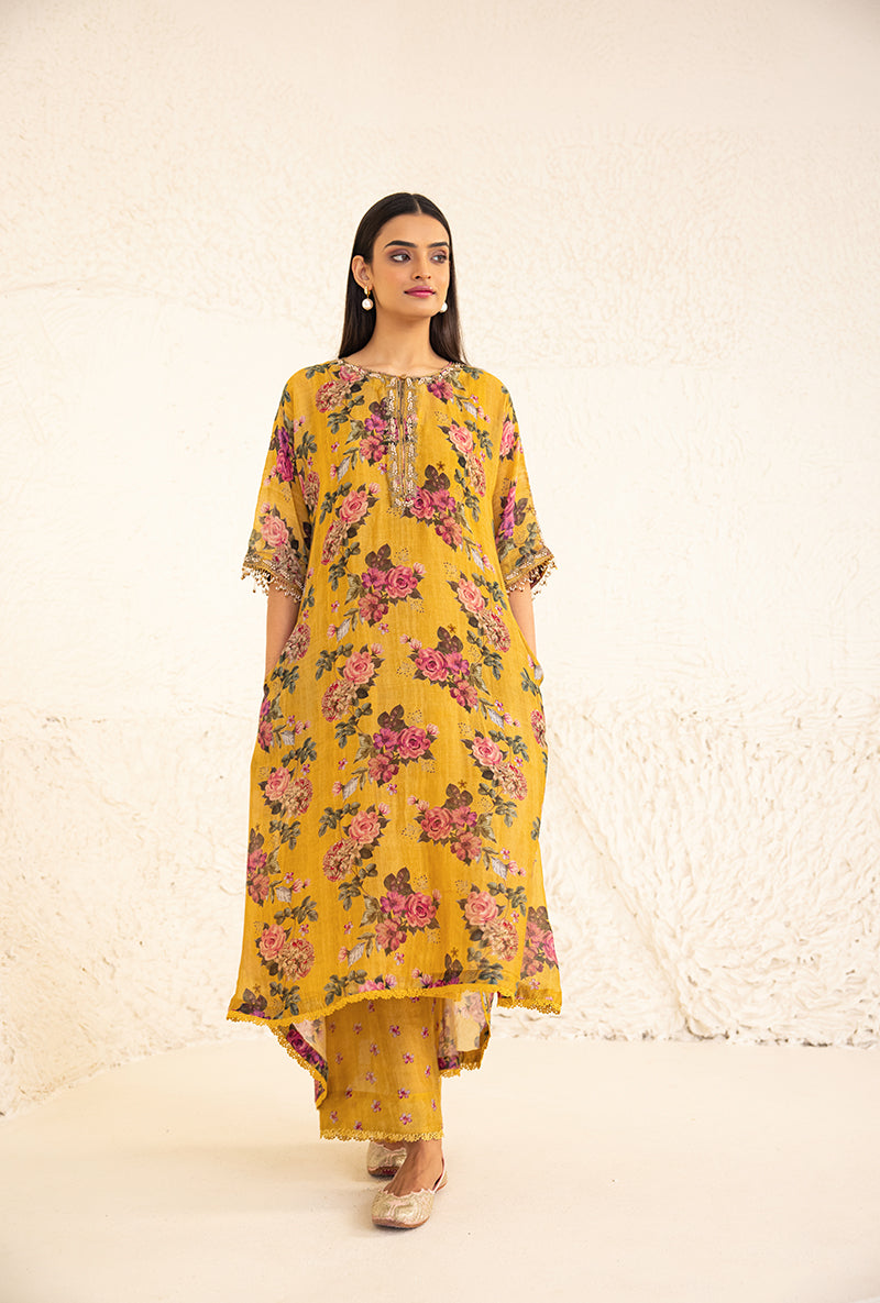 Yellow Vintage Floral Rose Print Izra Kurta Set