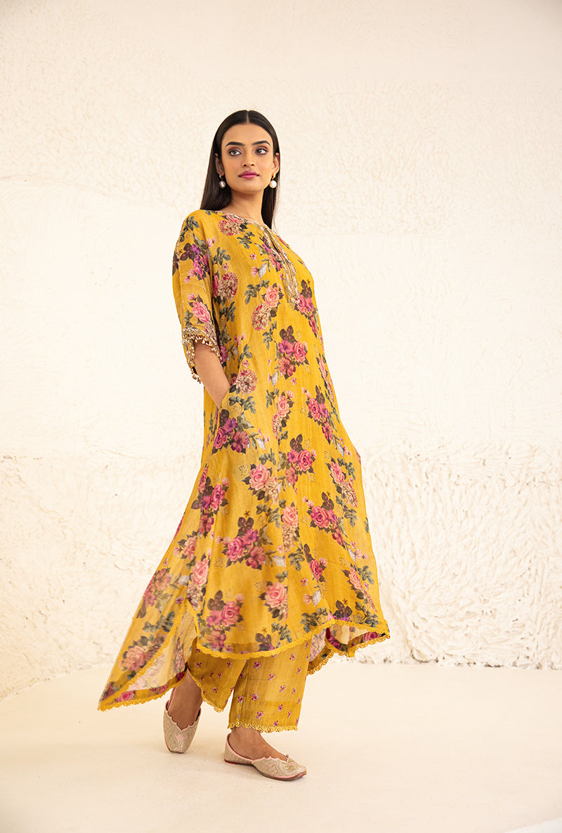 Yellow Vintage Floral Rose Print Izra Kurta Set