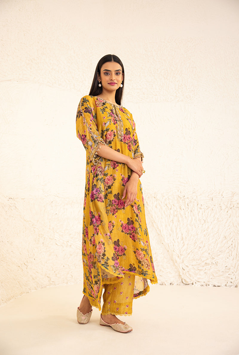 Yellow Vintage Floral Rose Print Izra Kurta Set