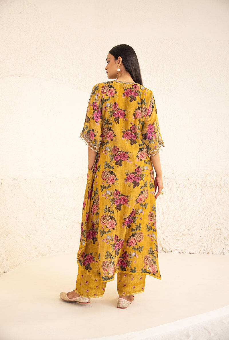 Yellow Vintage Floral Rose Print Izra Kurta Set
