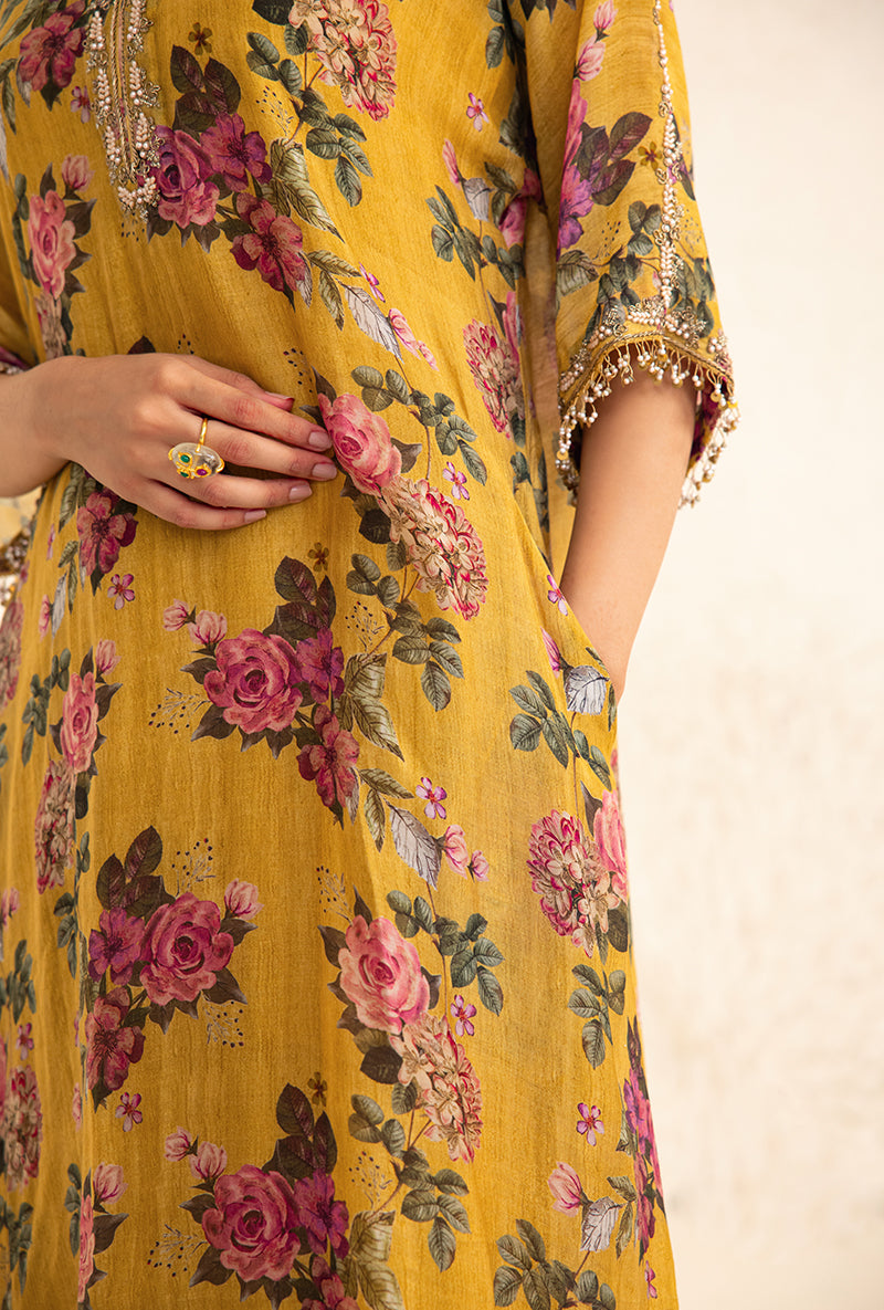 Yellow Vintage Floral Rose Print Izra Kurta Set