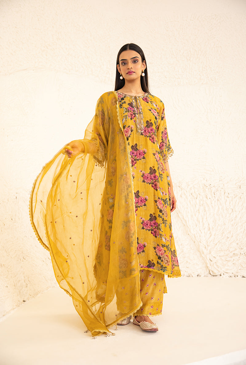 Yellow Vintage Floral Rose Print Izra Kurta Set