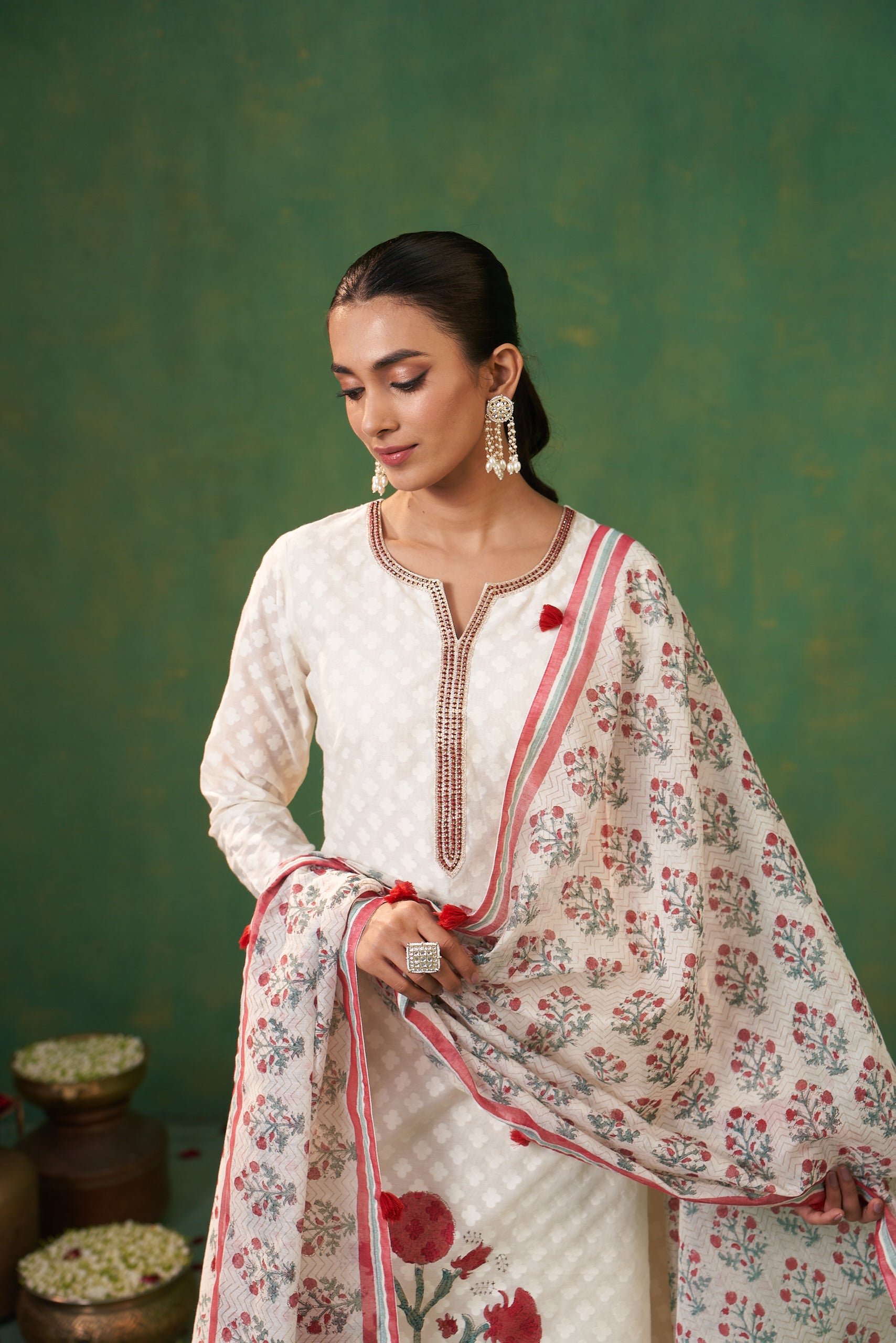 Off White Hand Block Asymmetric Farah Kurta Set