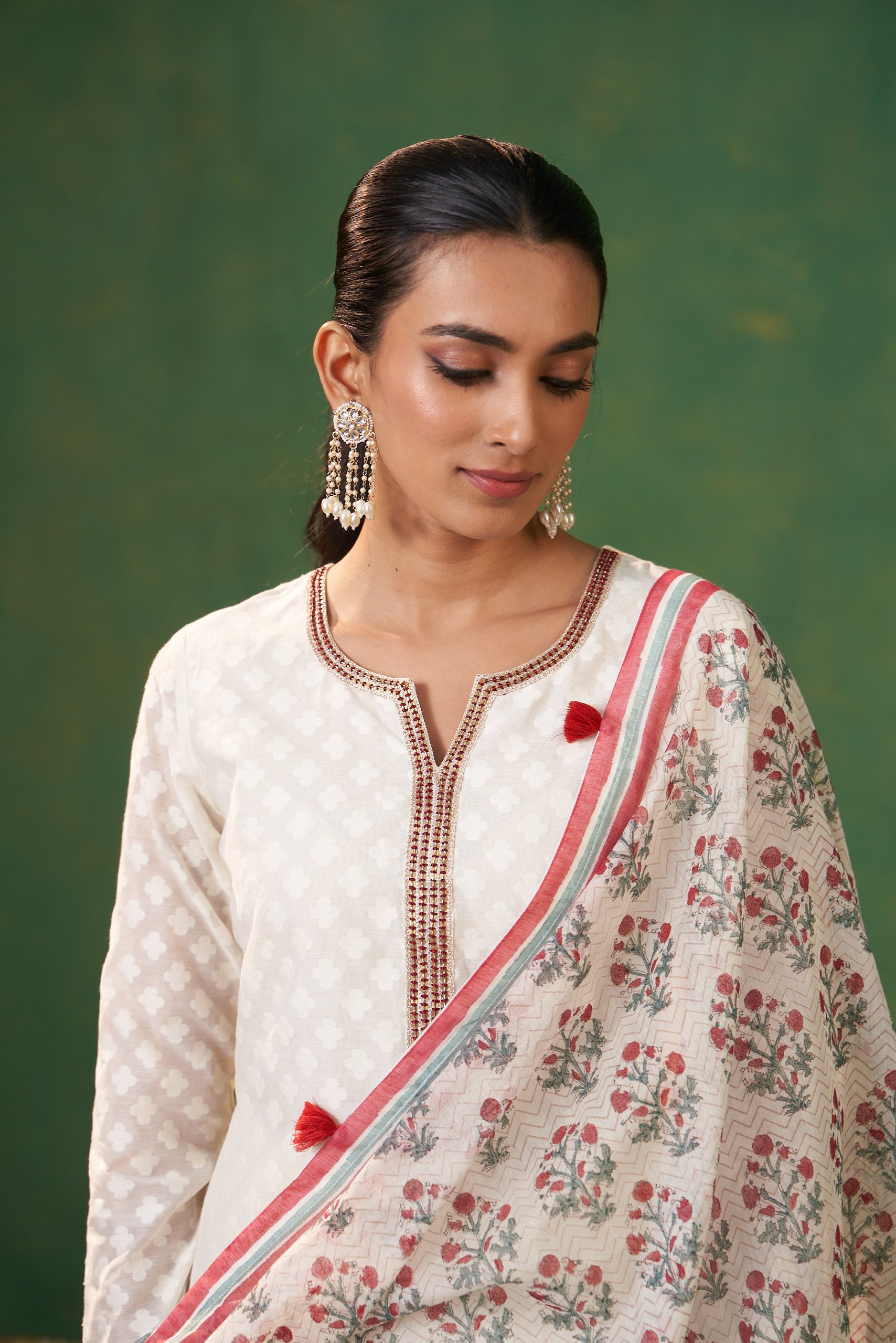 Off White Hand Block Asymmetric Farah Kurta Set