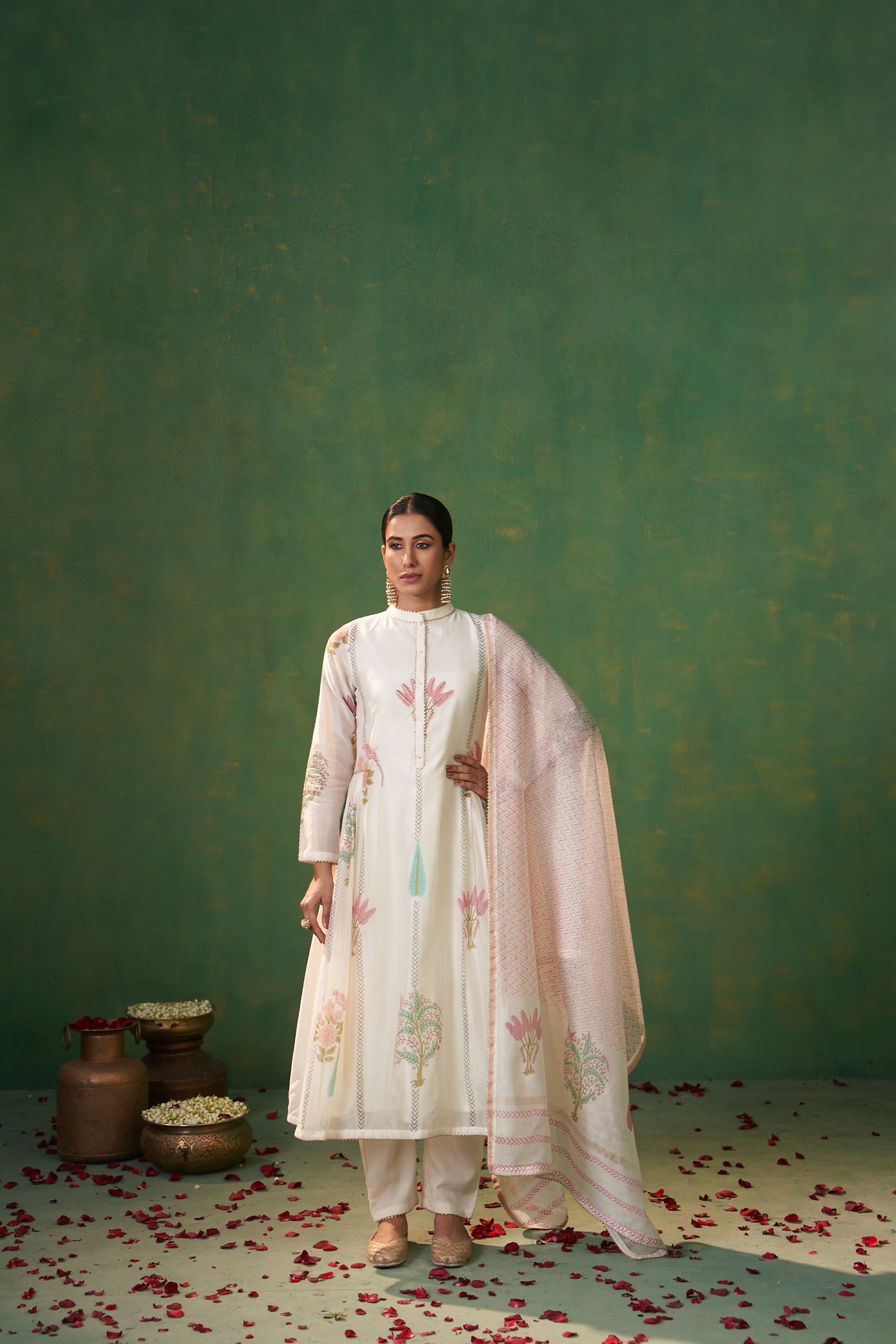 Off White Block Print Side Gathers Farah Anarkali Set