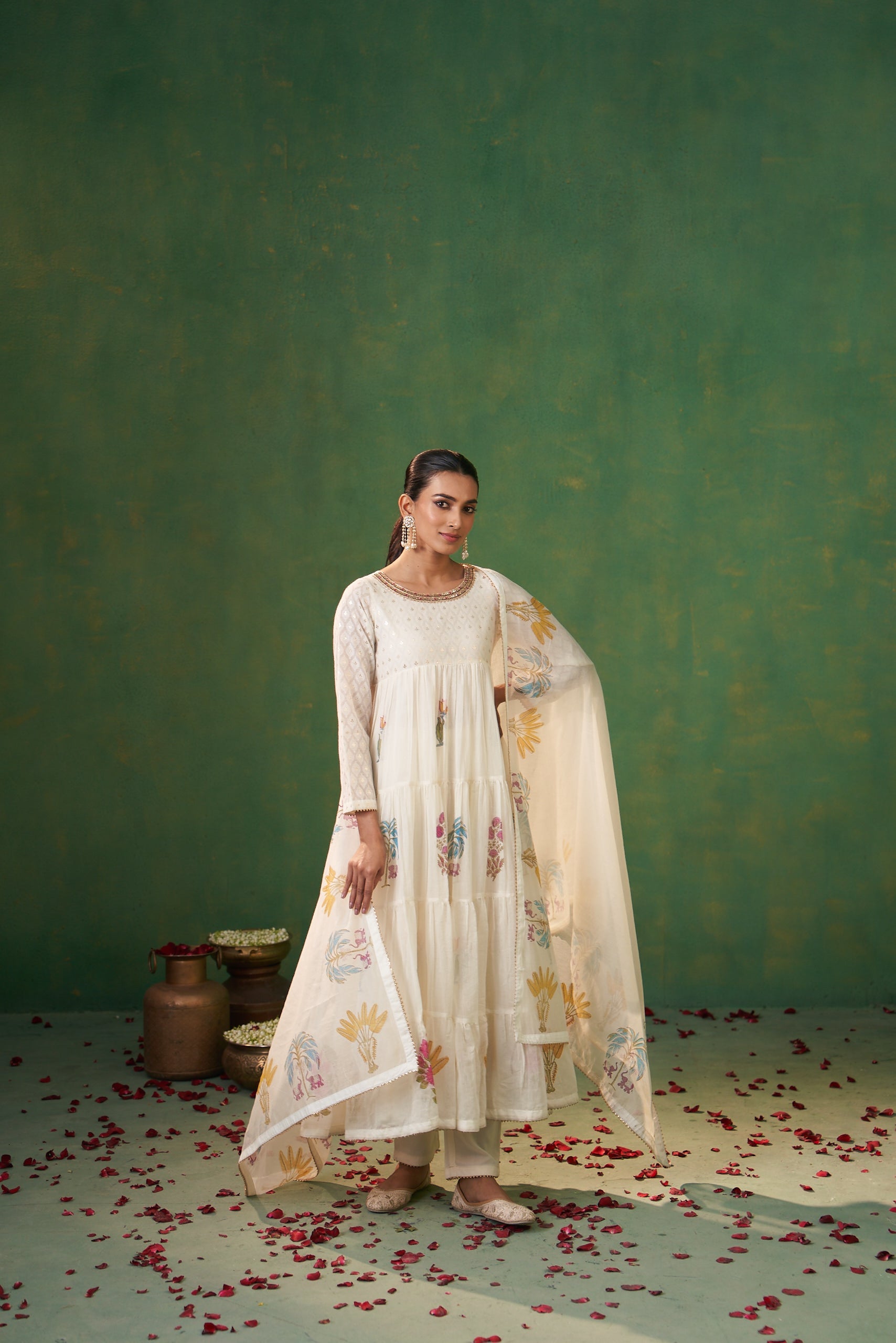 Off White Jacquard Layered Farah Anarkali Set