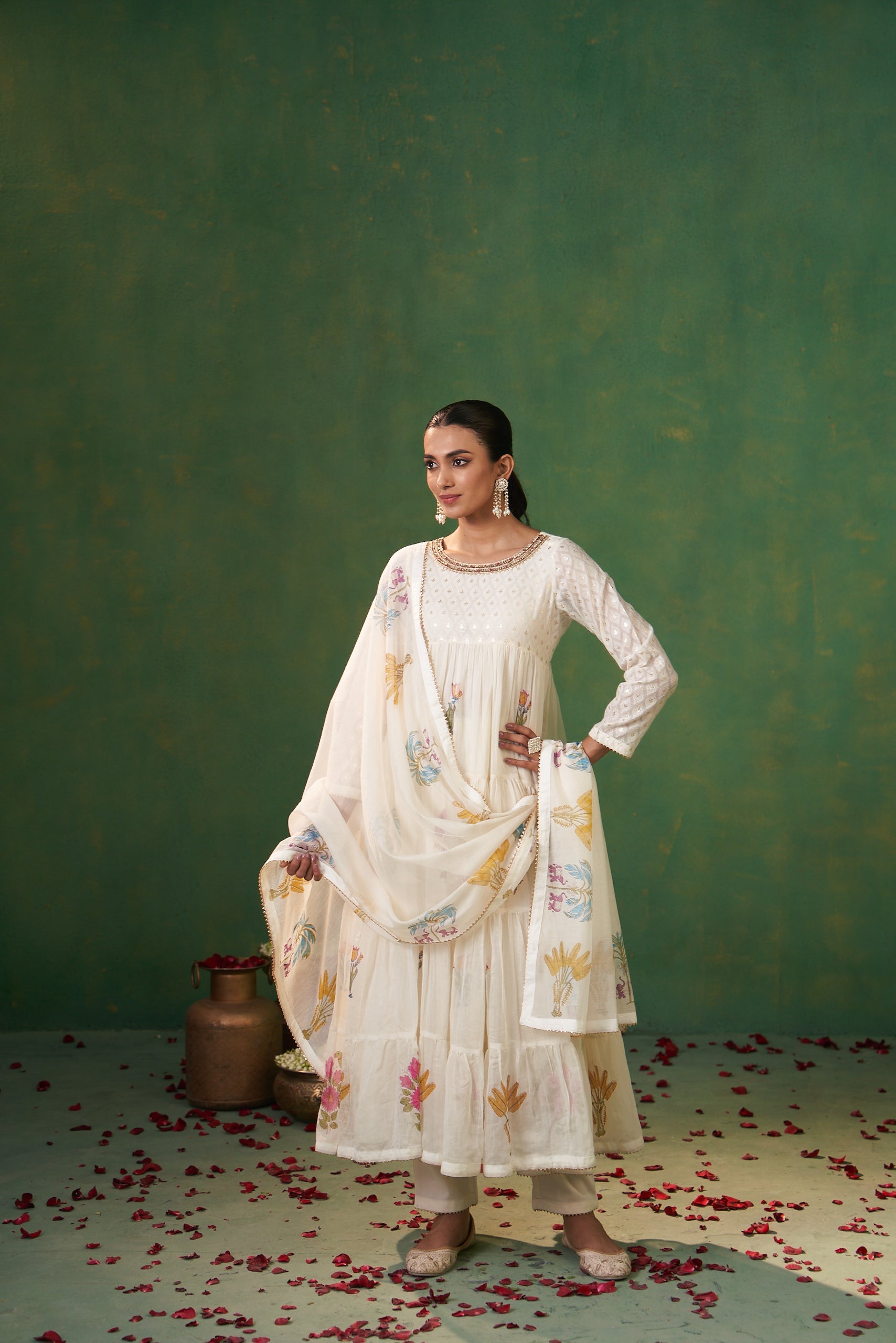 Off White Jacquard Layered Farah Anarkali Set