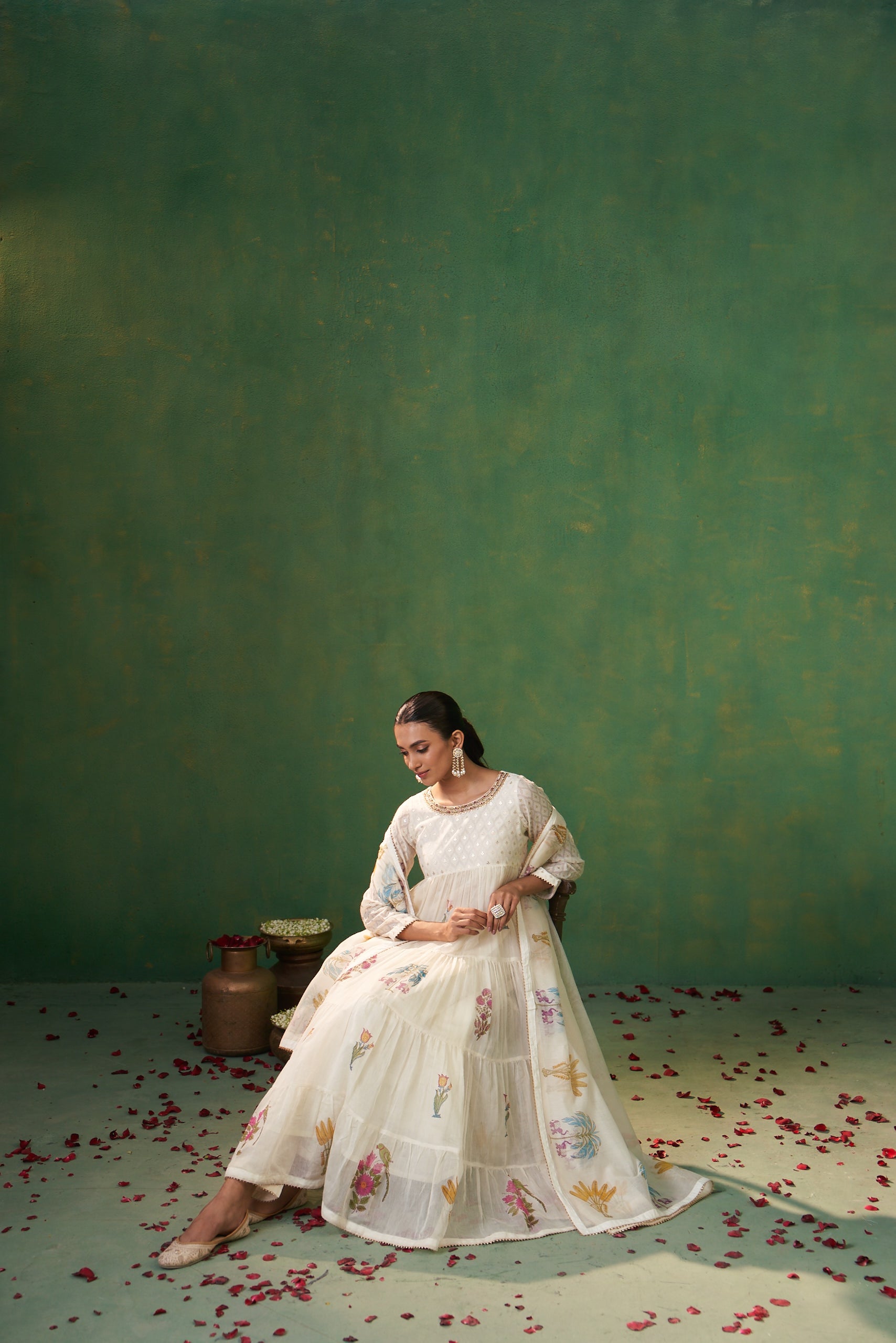 Off White Jacquard Layered Farah Anarkali Set