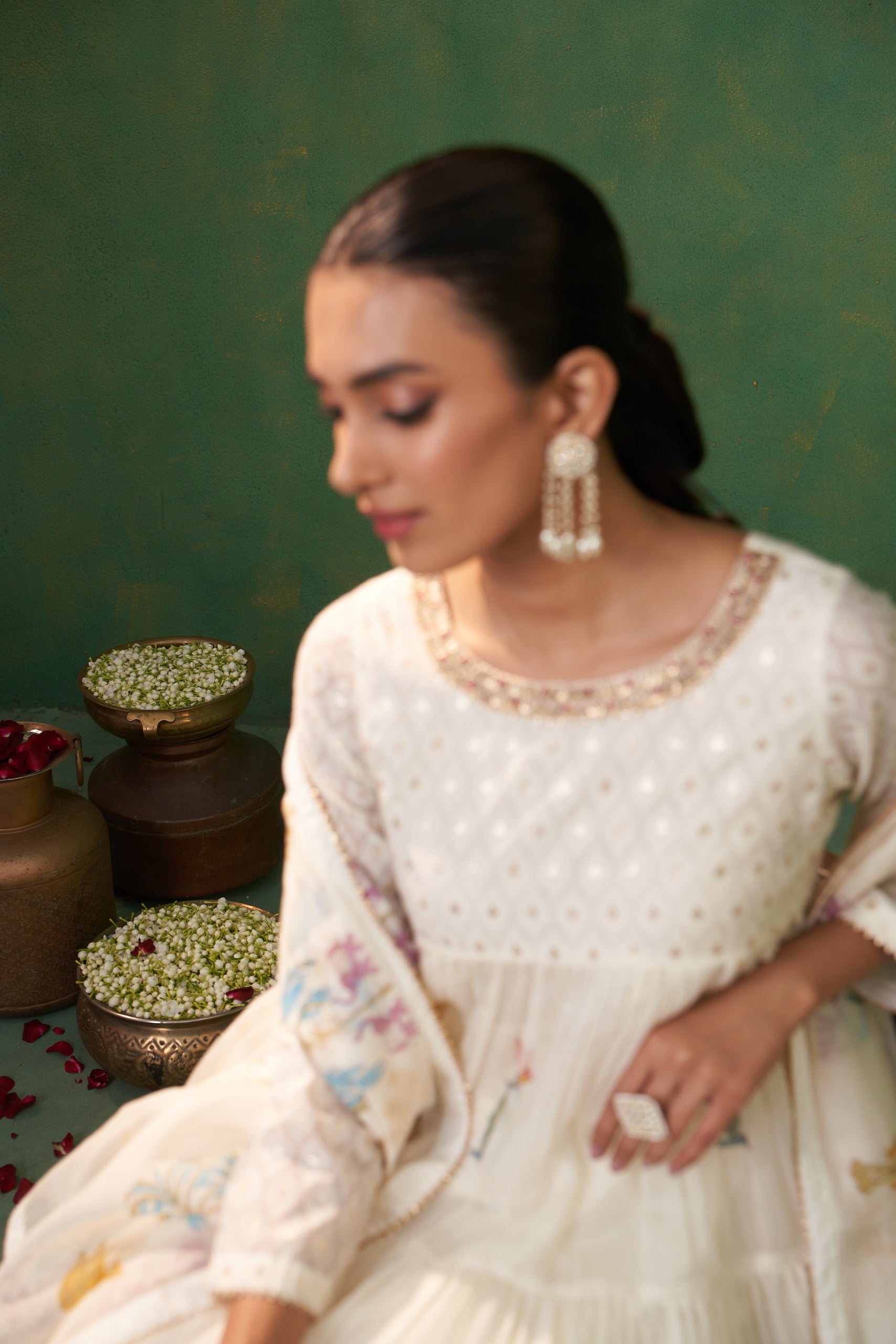 Jyoti Verma in Off White Jacquard Layered Farah Anarkali Set