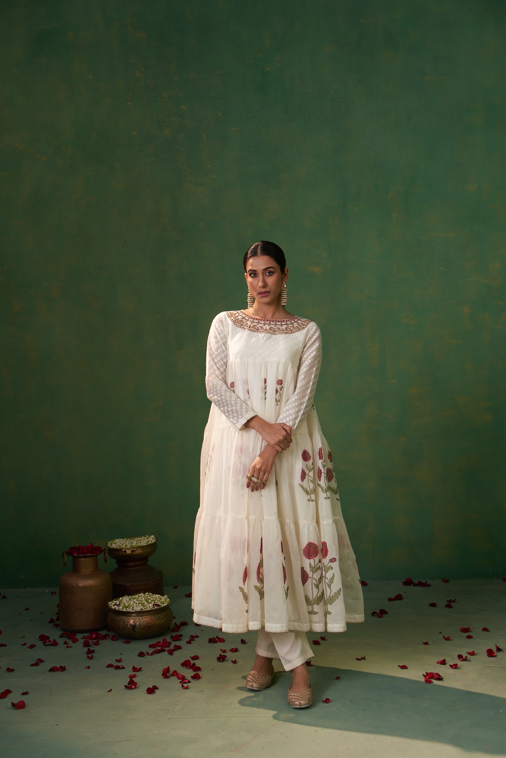 Off White Gota Work Neckline Farah Anarkali Set
