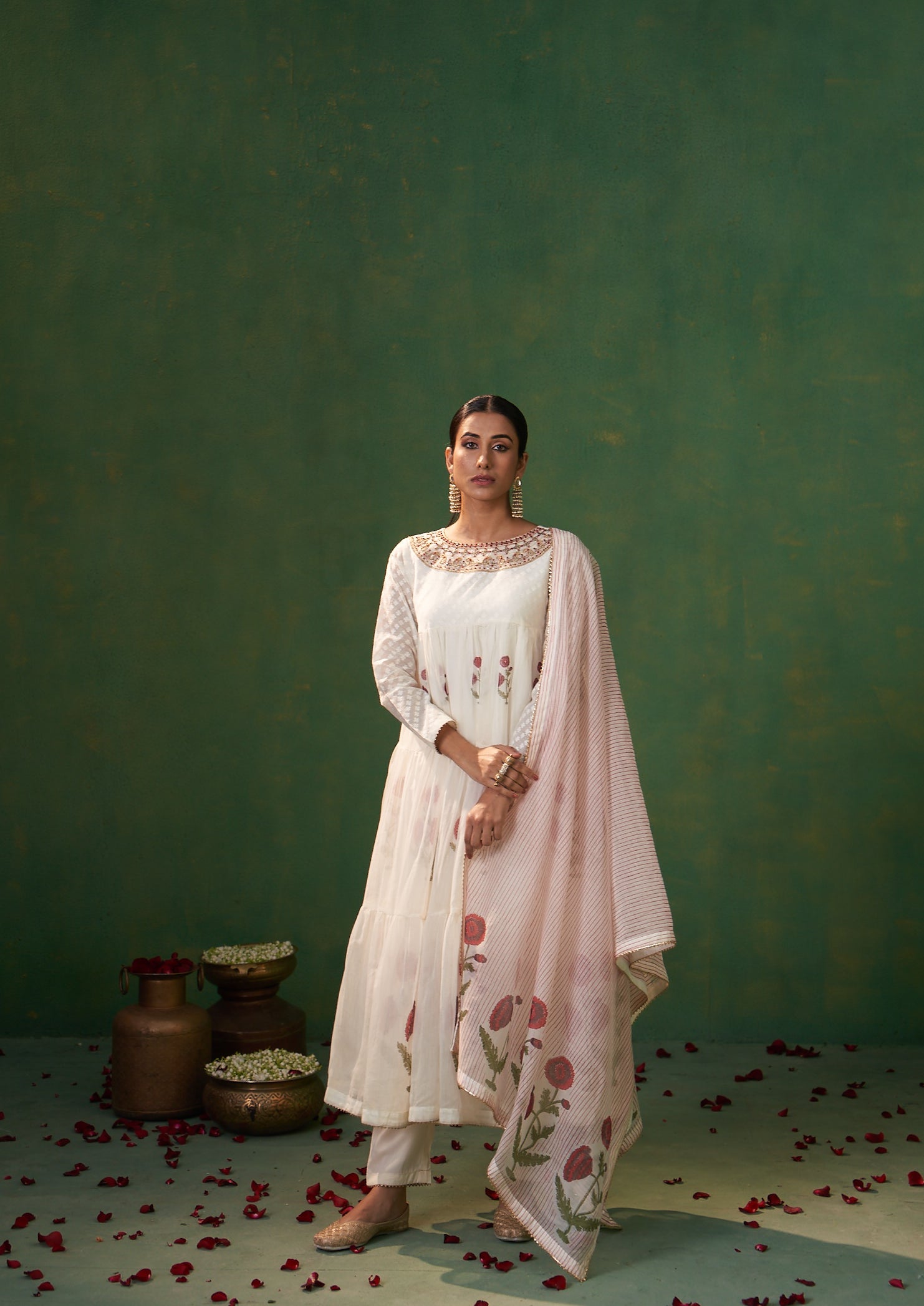 Off White Gota Work Neckline Farah Anarkali Set