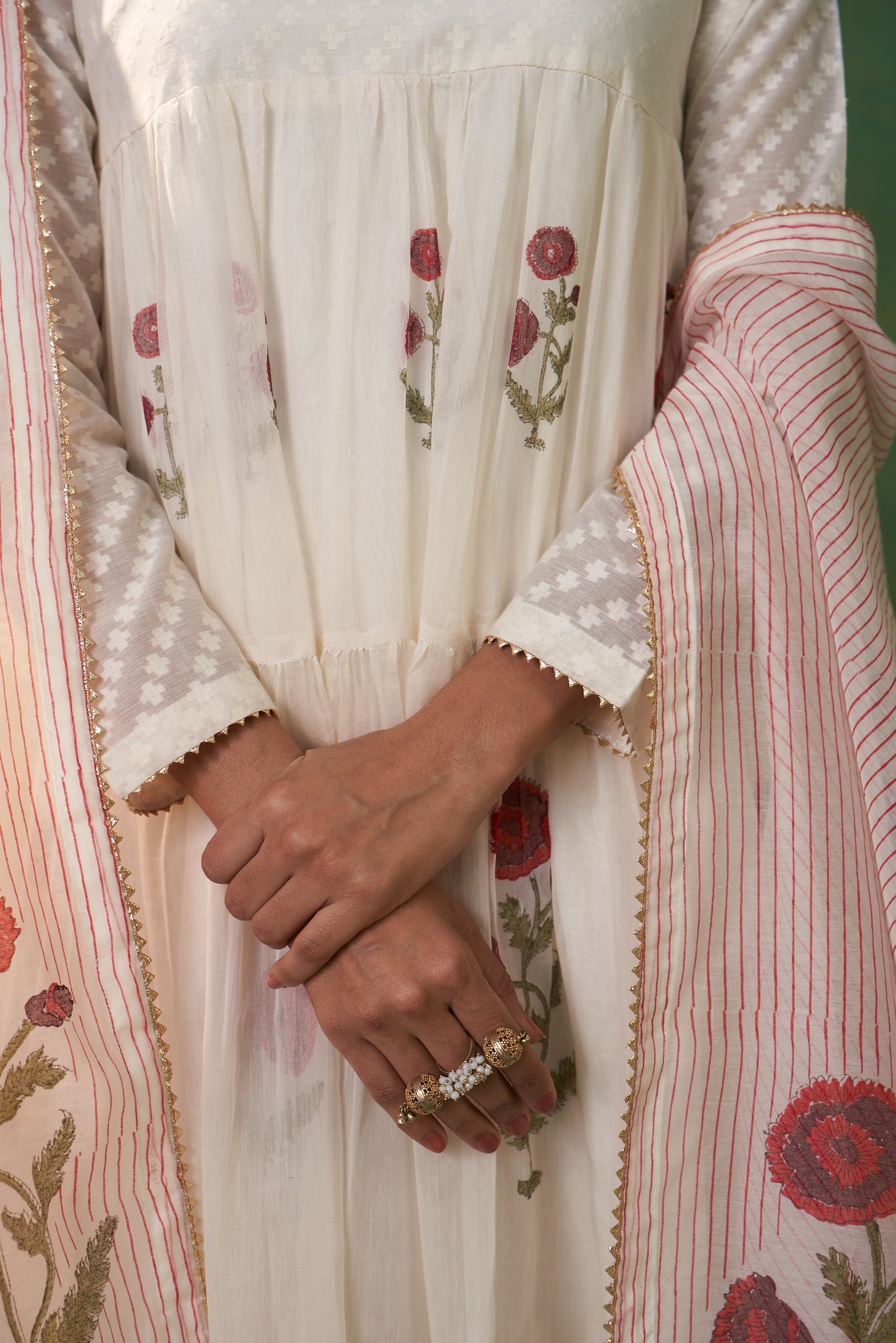 Off White Gota Work Neckline Farah Anarkali Set