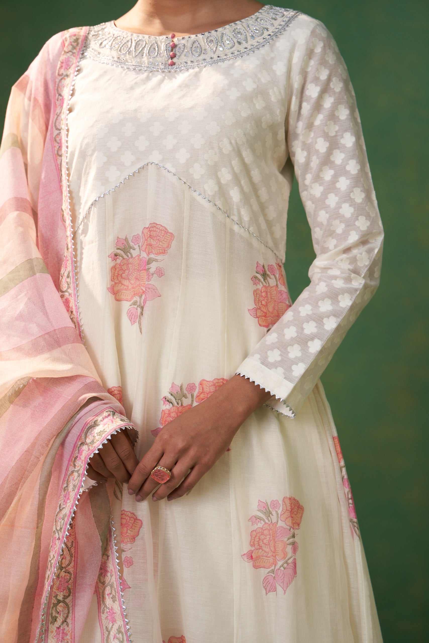 Off White Banarsi Weave Farah Anarkali Set