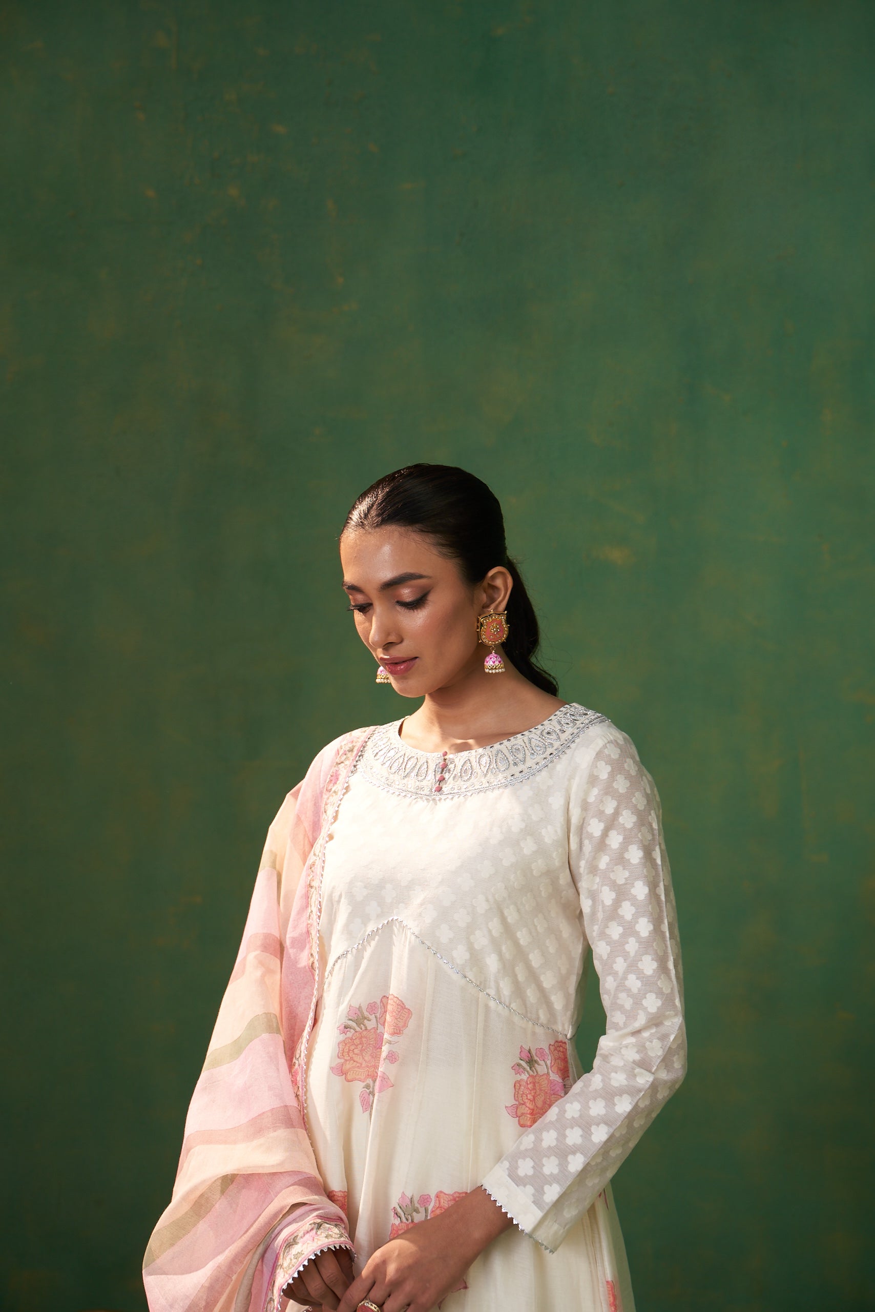 Off White Banarsi Weave Farah Anarkali Set
