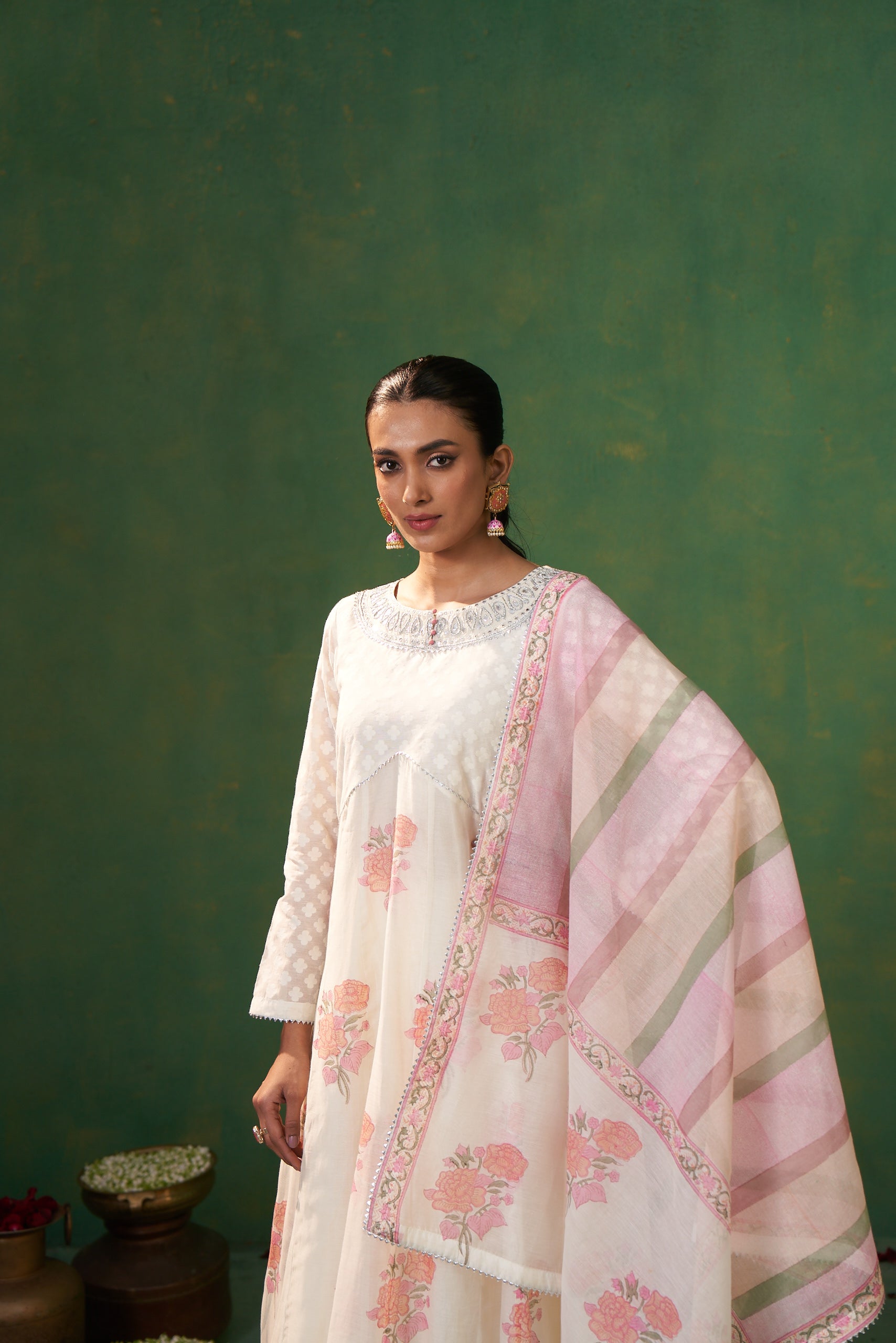 Off White Banarsi Weave Farah Anarkali Set