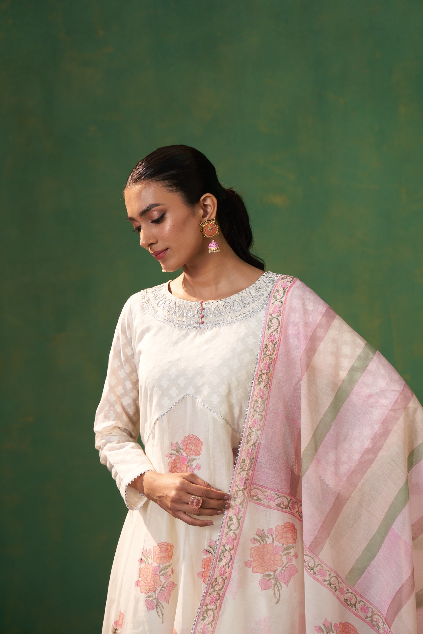 Off White Banarsi Weave Farah Anarkali Set