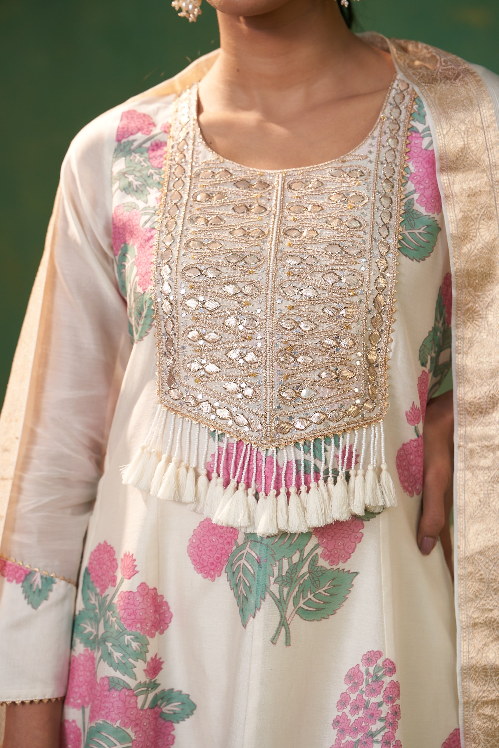 Off White Handblock Gota Yoke Farah Anarkali Set