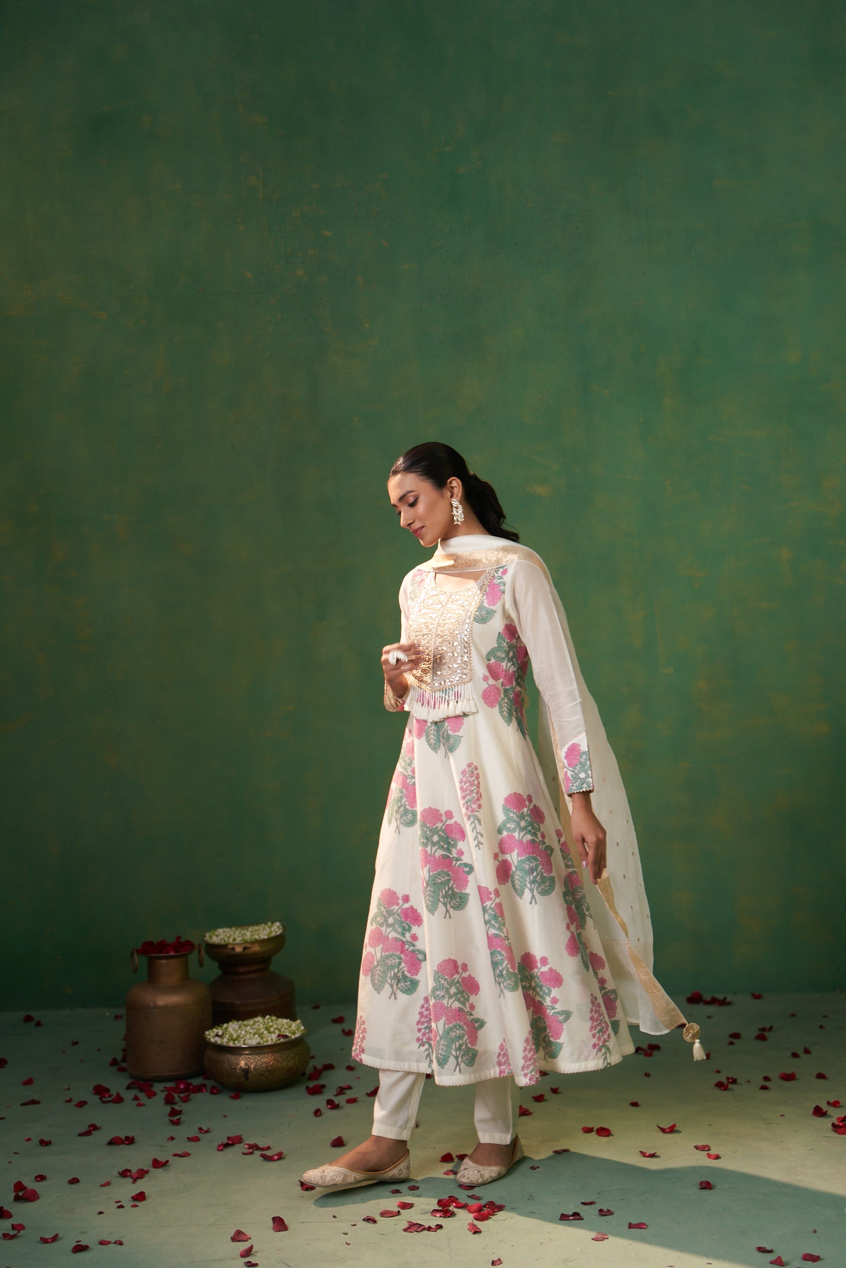 Off White Handblock Gota Yoke Farah Anarkali Set