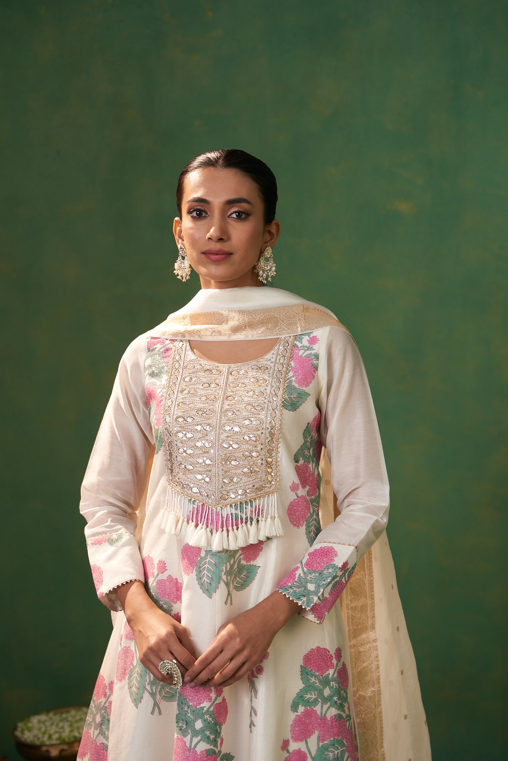 Off White Handblock Gota Yoke Farah Anarkali Set