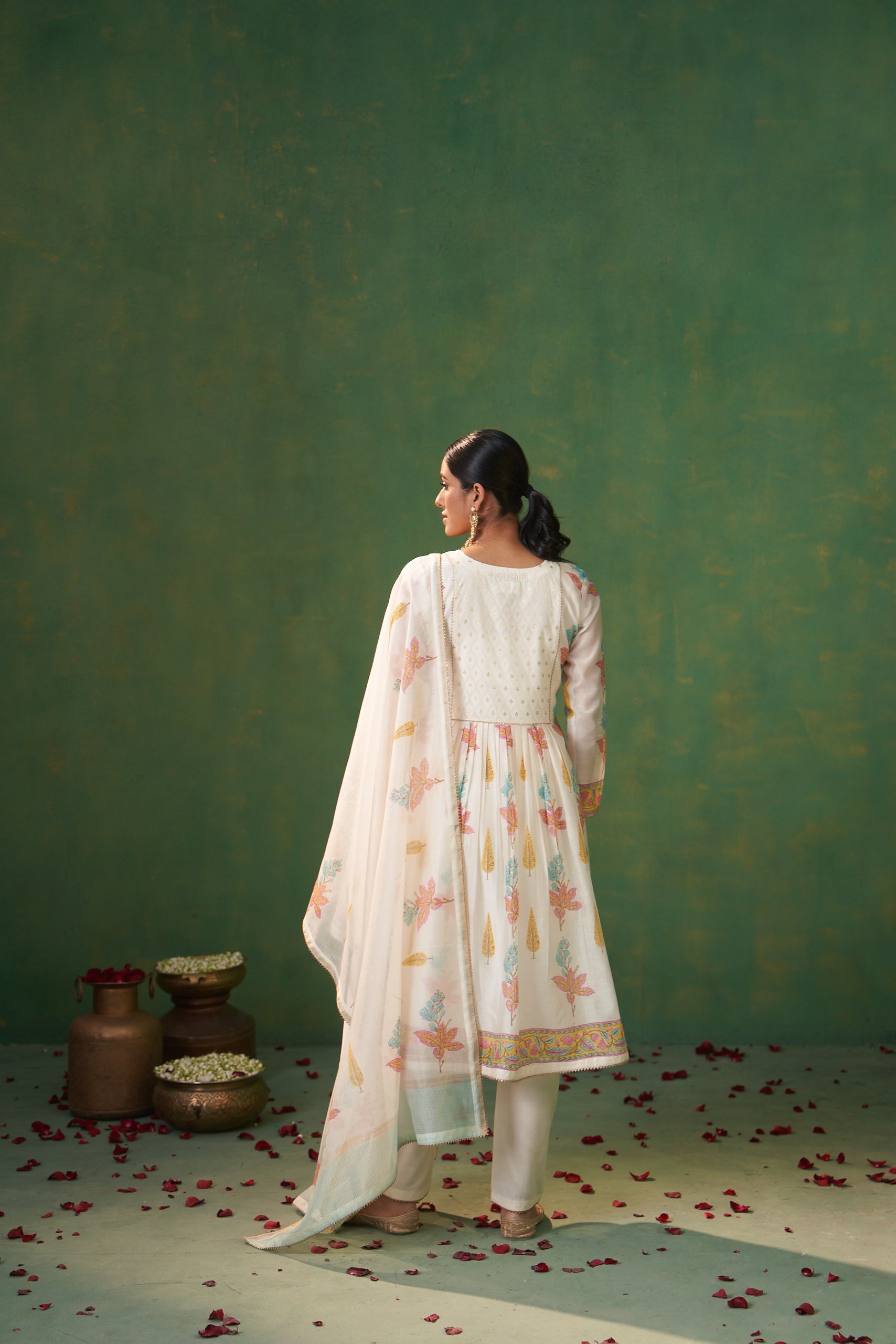 Off White Banarsi Buti Yoke Farah Anarkali Set