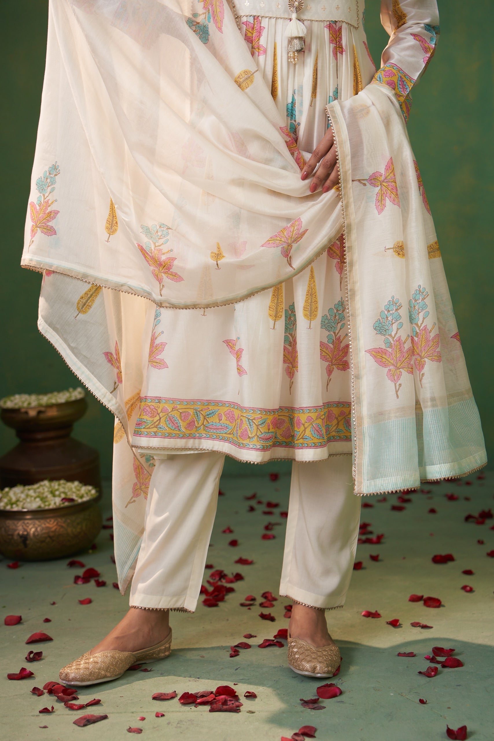 Off White Banarsi Buti Yoke Farah Anarkali Set