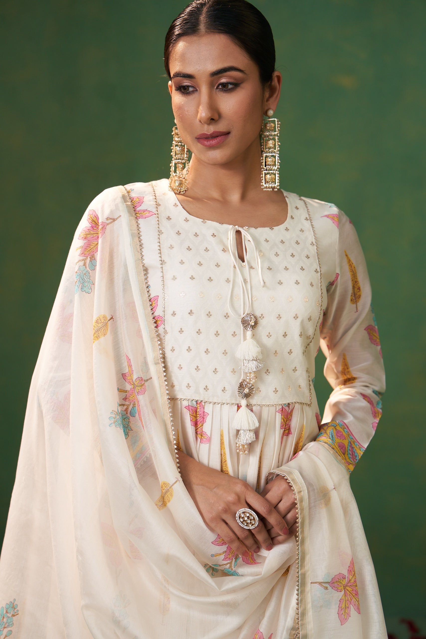 Off White Banarsi Buti Yoke Farah Anarkali Set