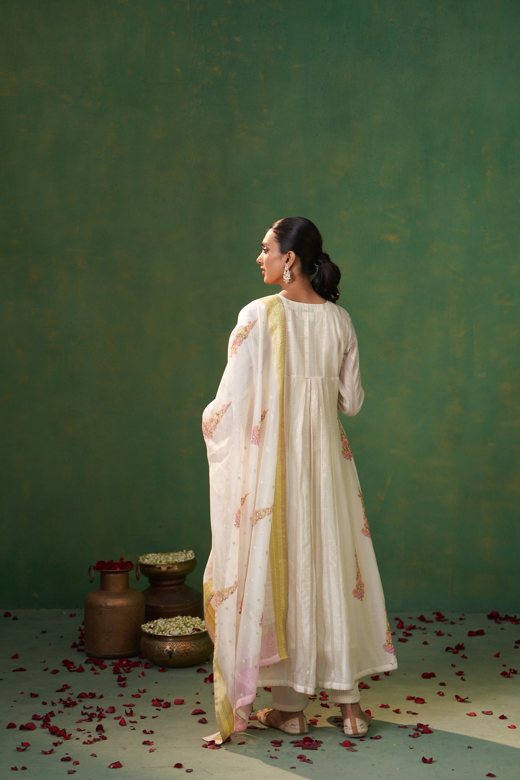 Off White Hand Embroidered Gota Neckline Farah Anarkali Set