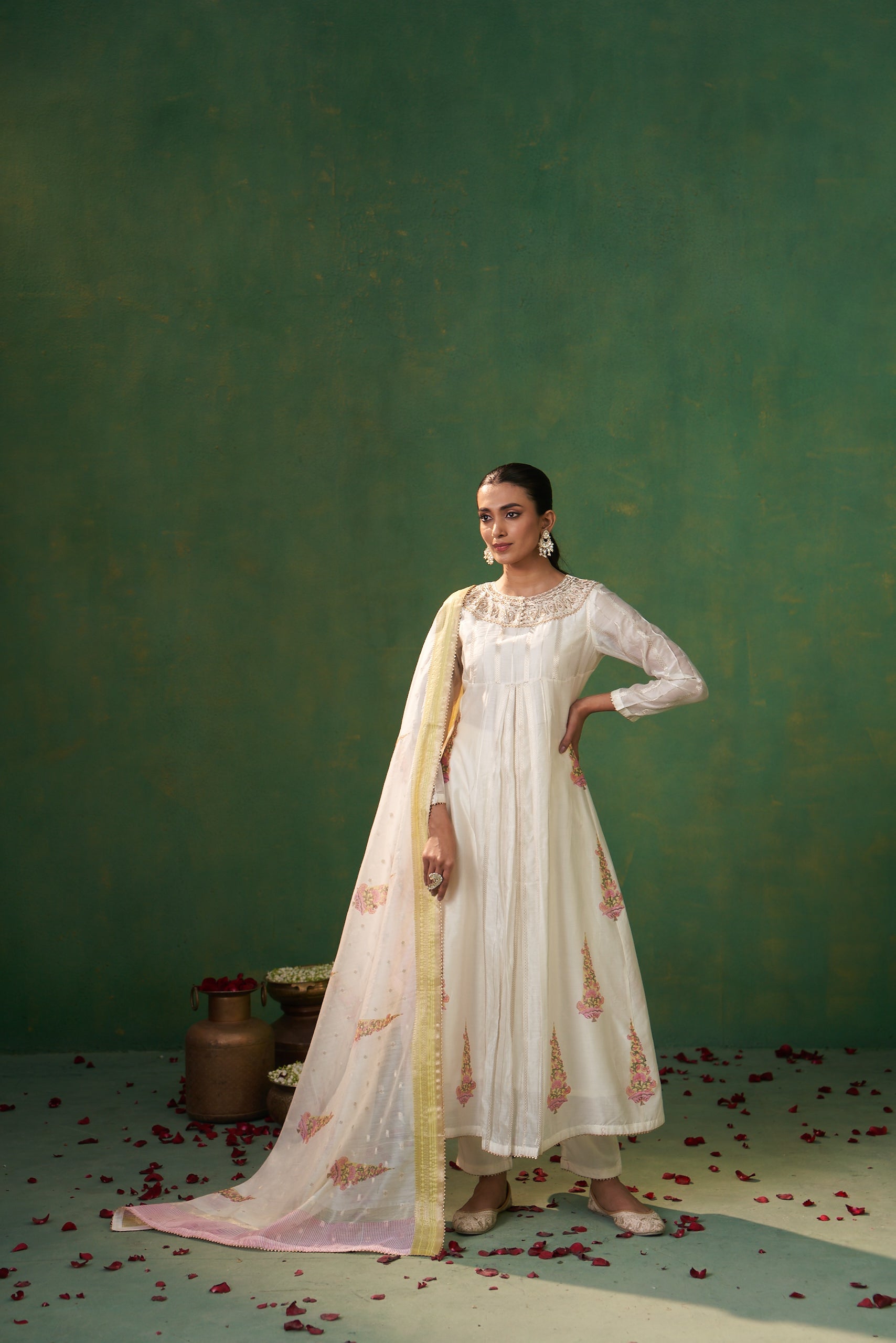 Off White Hand Embroidered Gota Neckline Farah Anarkali Set
