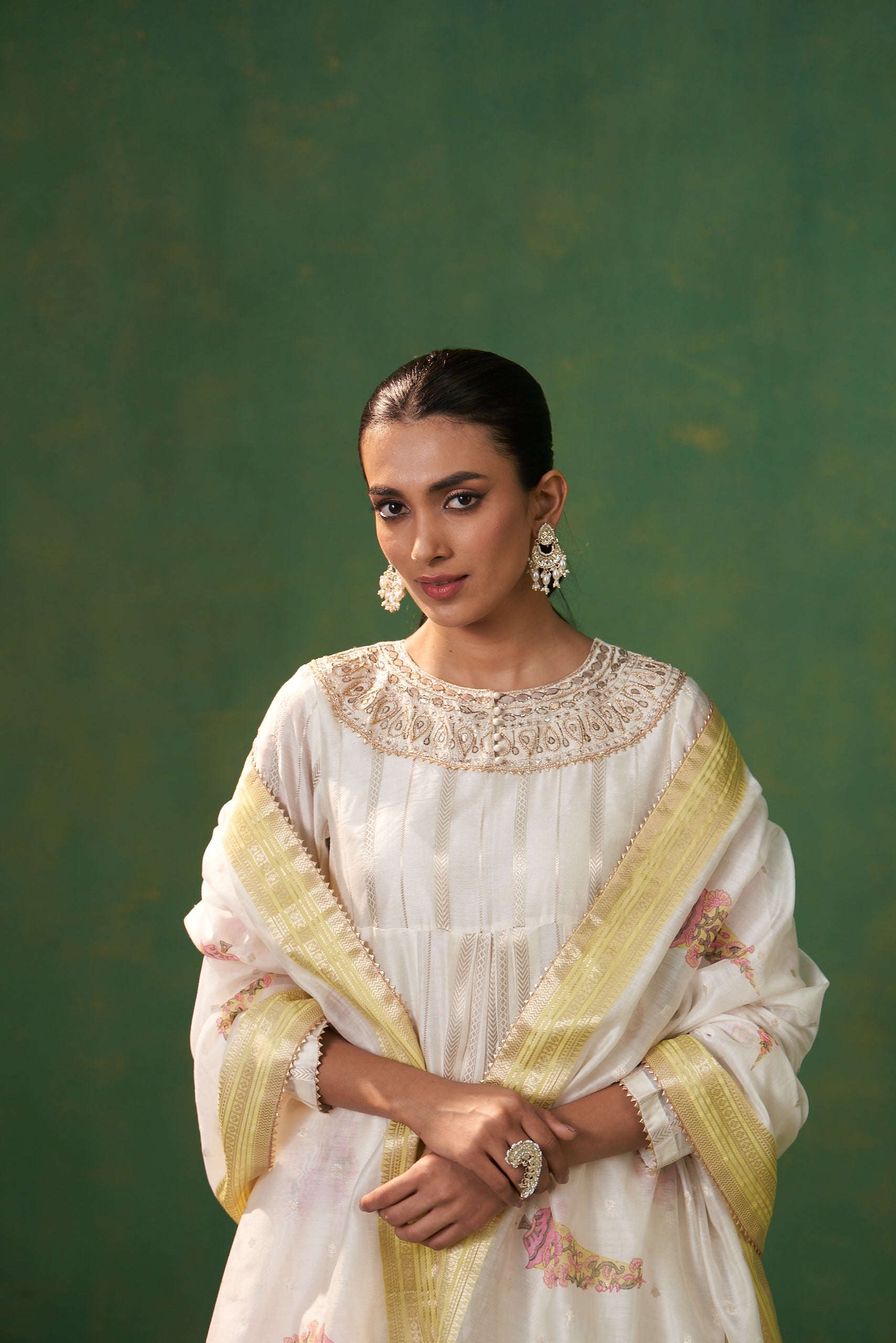 Off White Hand Embroidered Gota Neckline Farah Anarkali Set