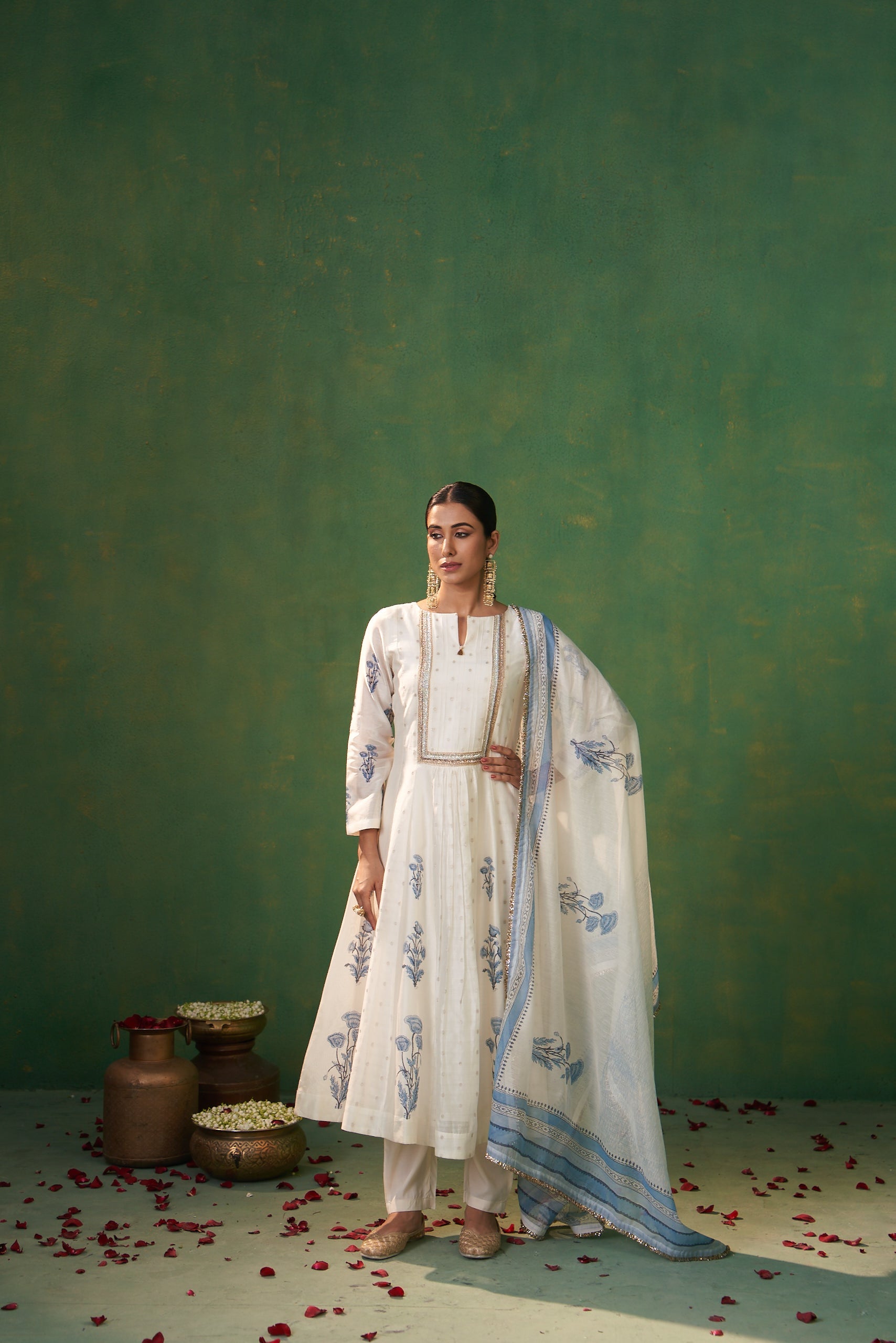 Off White Delicate Handblock Print Farah Anarkali Set