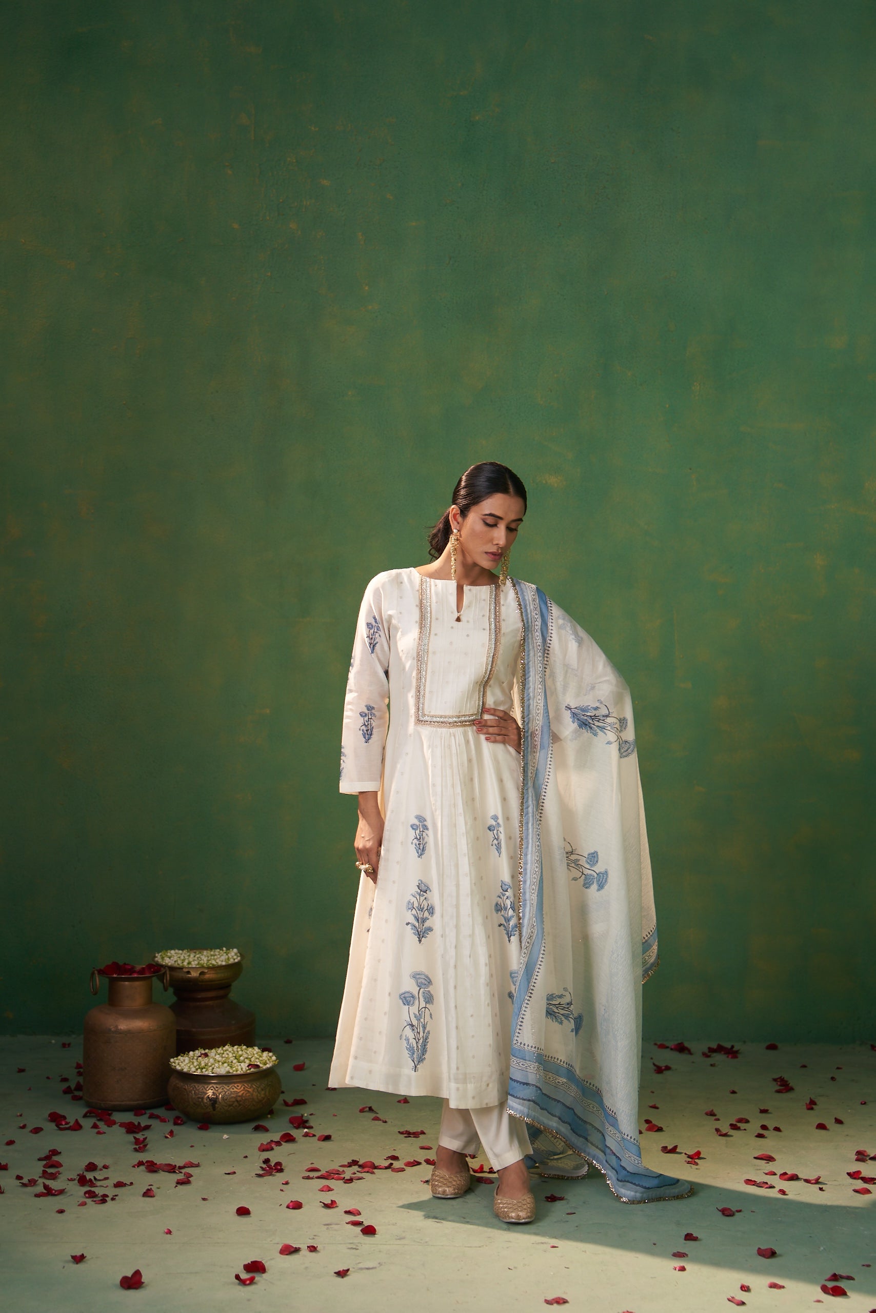 Off White Delicate Handblock Print Farah Anarkali Set