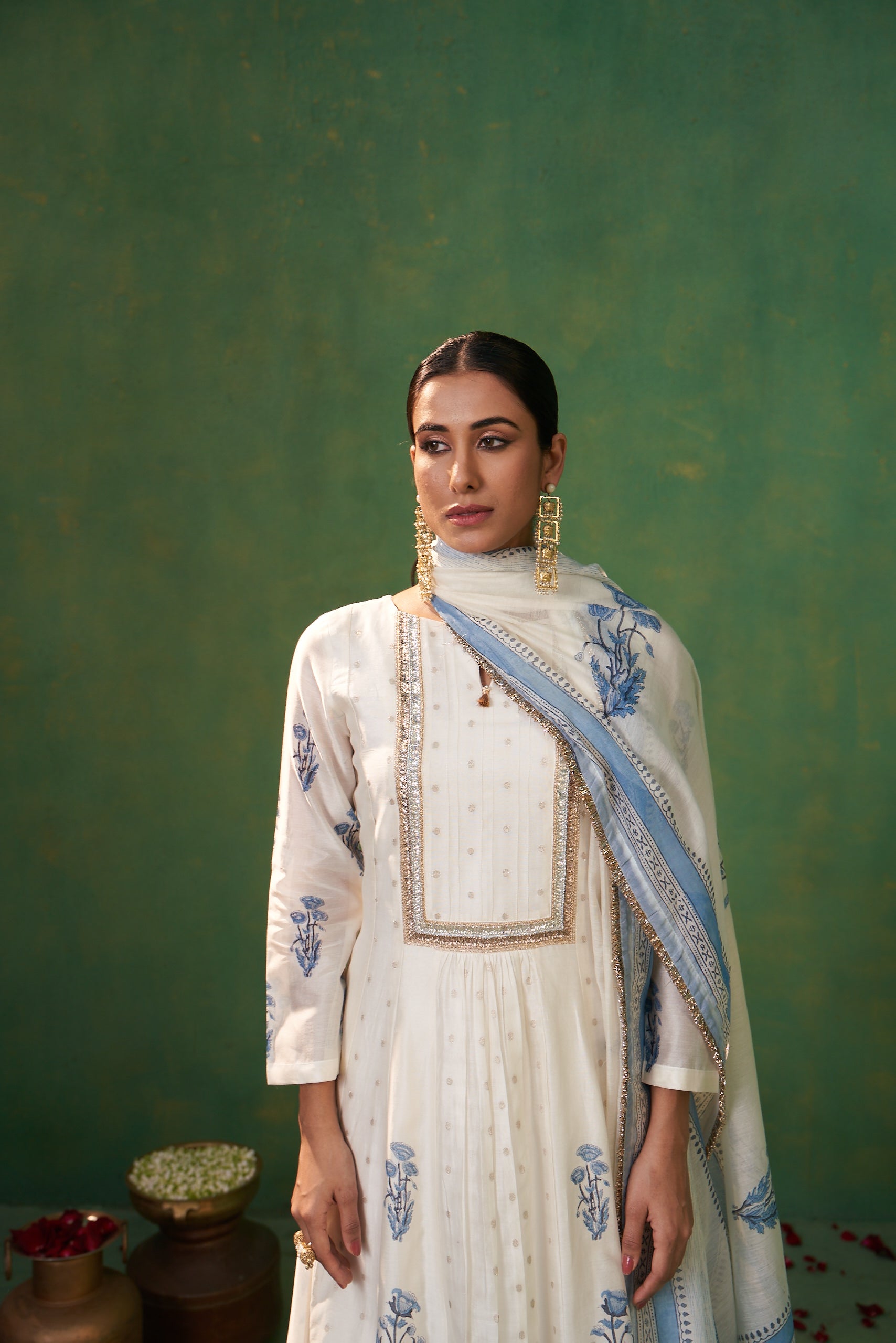 Off White Delicate Handblock Print Farah Anarkali Set