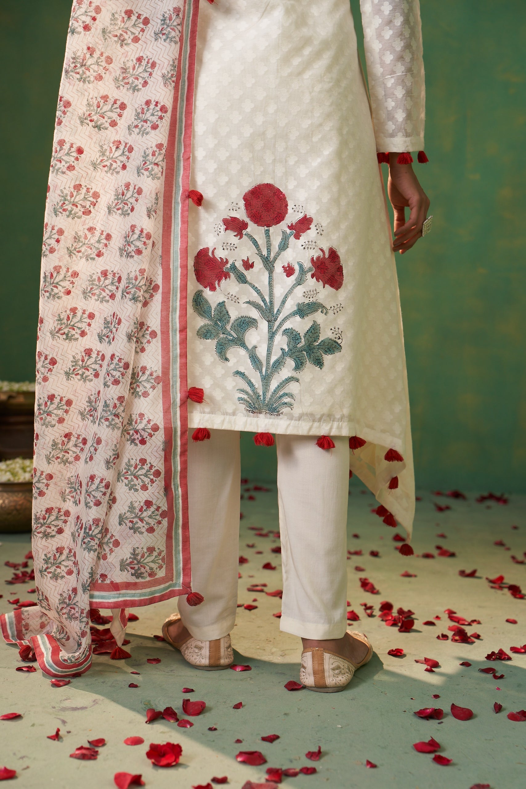 Off White Hand Block Asymmetric Farah Kurta Set