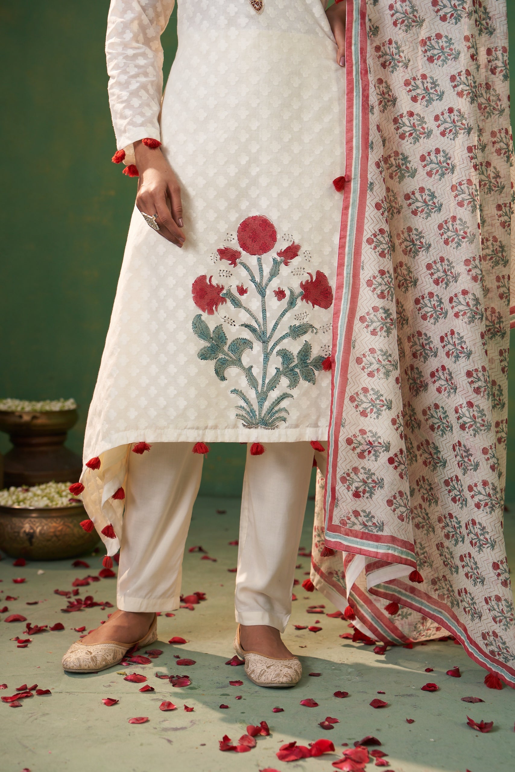 Off White Hand Block Asymmetric Farah Kurta Set